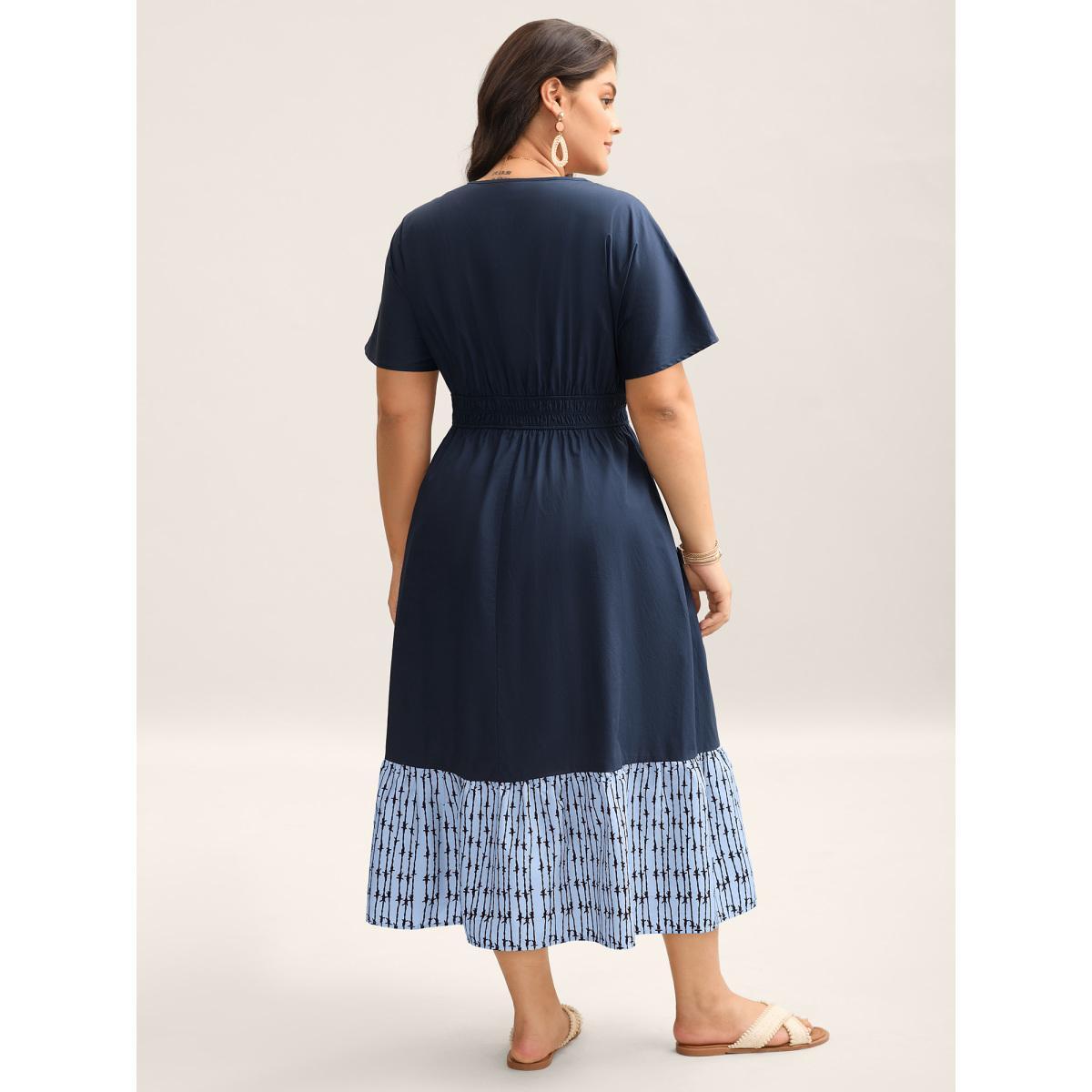 Plus Size Cotton Color Block Cinched-Waist Spliced Maxi Dress Skyblue Women V-neck Sleeveless Curvy BloomChic 22-24/3X Product Image