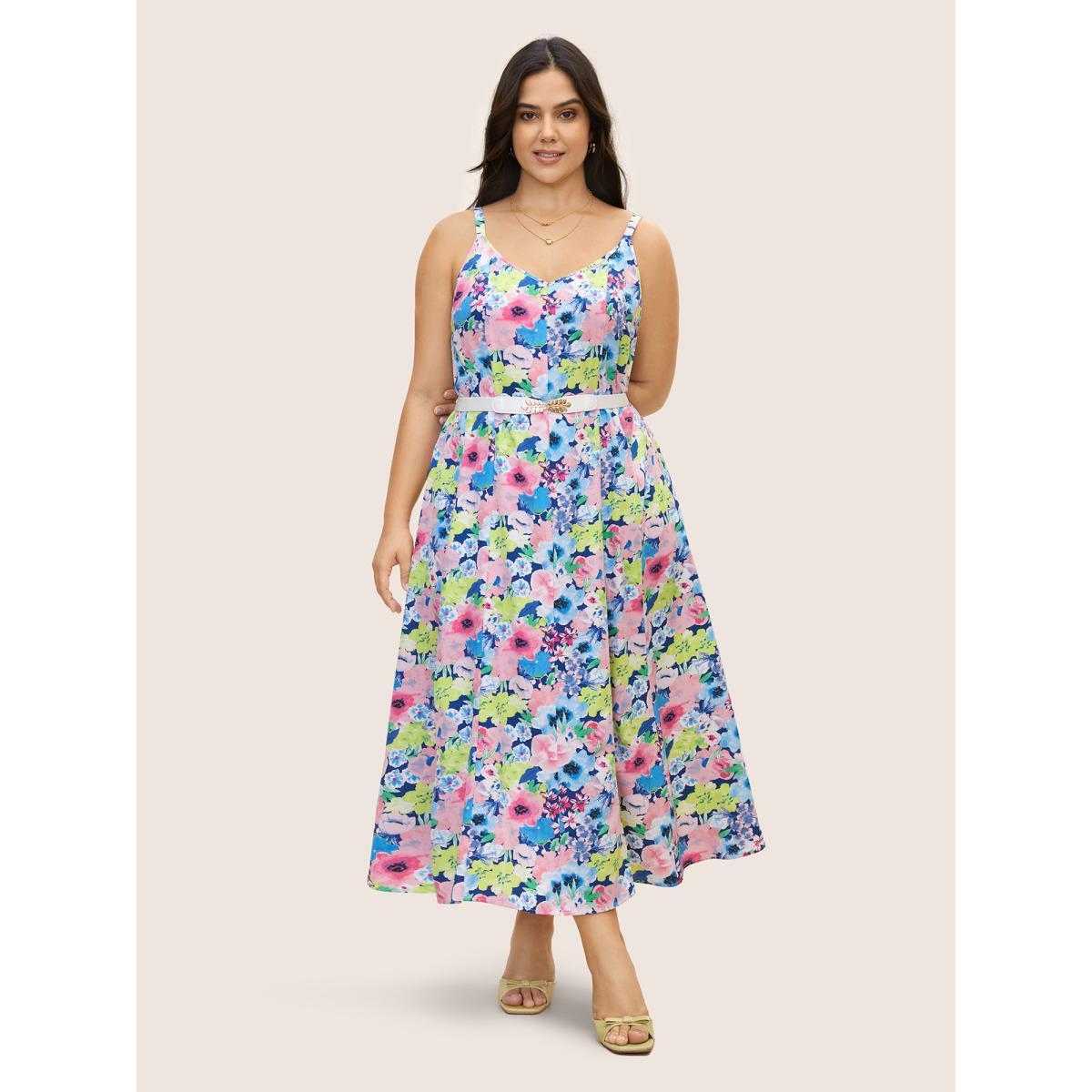 Plus Size V Neck Watercolor Floral Pleated Maxi Dress Brightblue Women Elegant Non V-neck Sleeveless Curvy BloomChic 26/4X Product Image