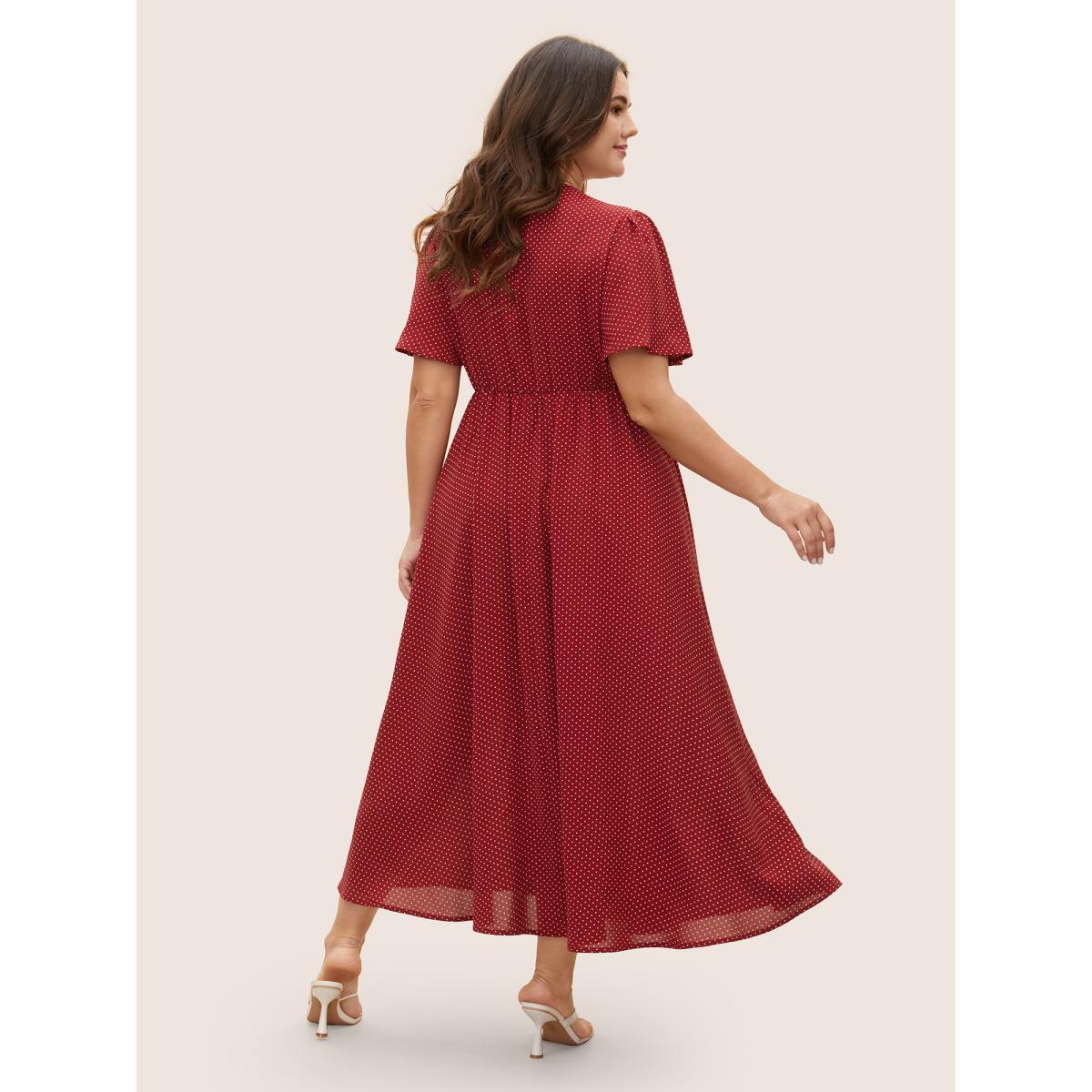 Plus Size Polka Dot Overlap Collar Split Hem Dress Scarlet Women Elegant Ruffles Overlap Collar Short sleeve Curvy BloomChic 14-16/1X Product Image