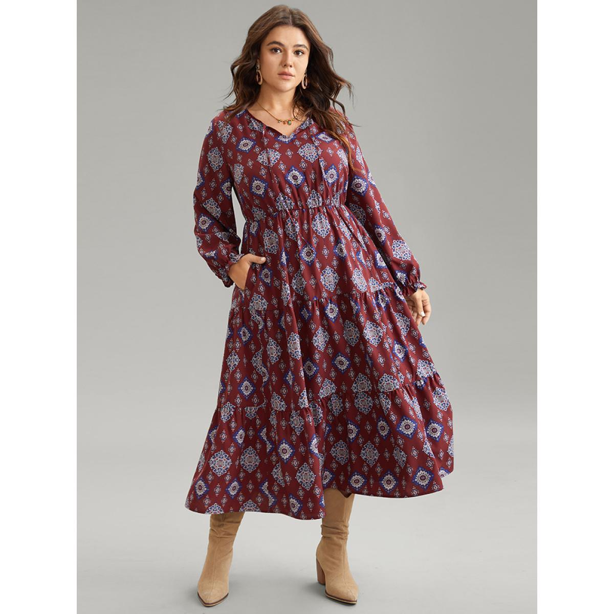 Plus Size Boho Print Knot Neck Pocket Lantern Sleeve Dress Scarlet Women Vacation Cross straps Tie Neck Long Sleeve Curvy Midi Dress BloomChic 22-24/3X Product Image
