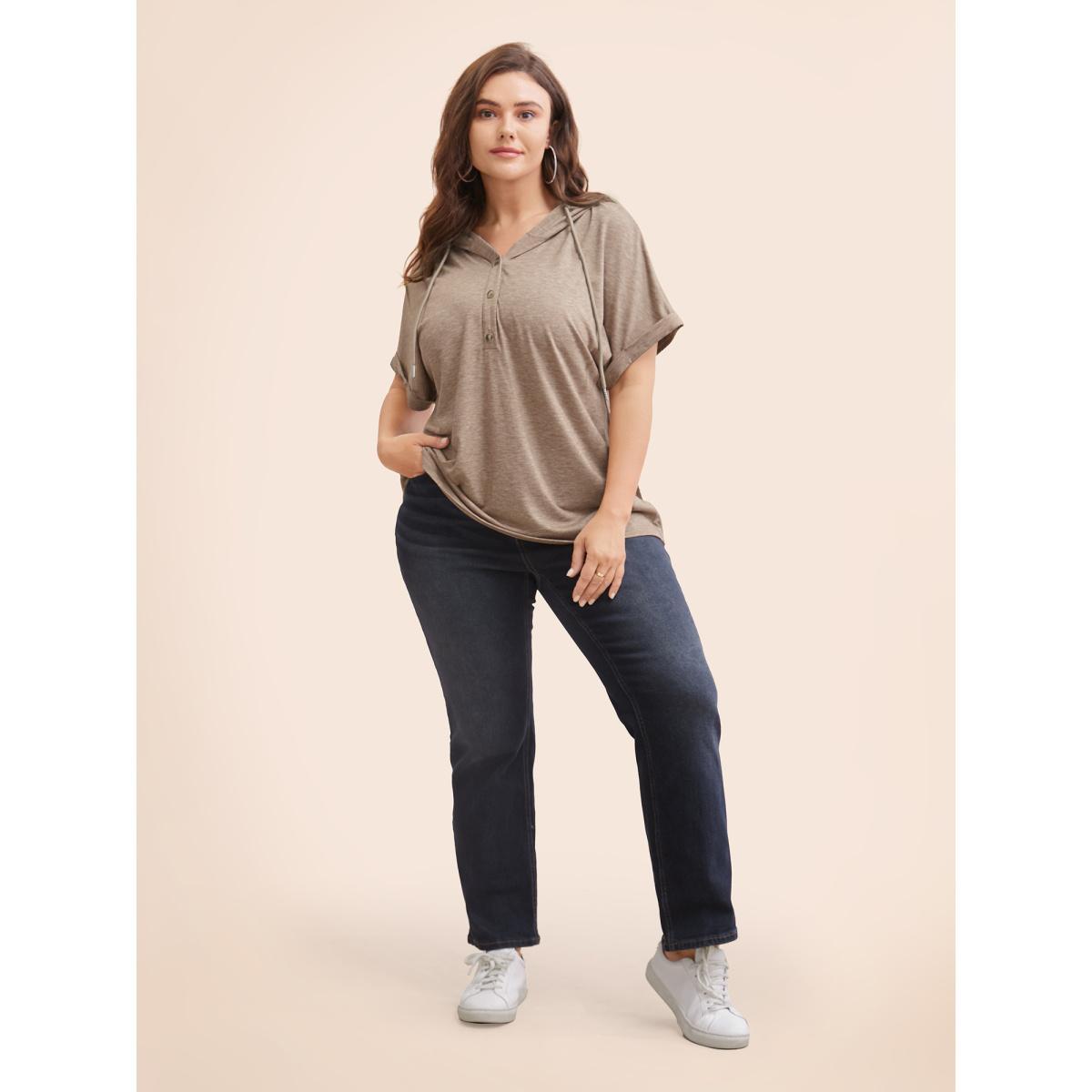 Plus Size Plain Drawstring Roll Sleeve Button Up Hooded T-shirt DarkBrown Women Casual Drawstring Plain Hooded Everyday T-shirts BloomChic 28/5X Product Image