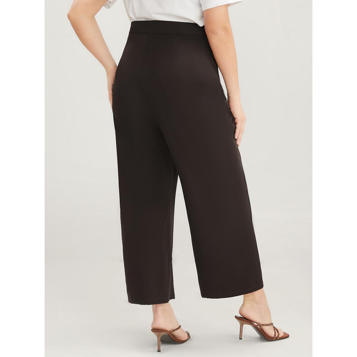 Plus Size Plain Pocket Front Wide Leg High Rise Pants Women DarkBrown Office Wide Leg High Rise Work Pants BloomChic 18-20/2X Product Image
