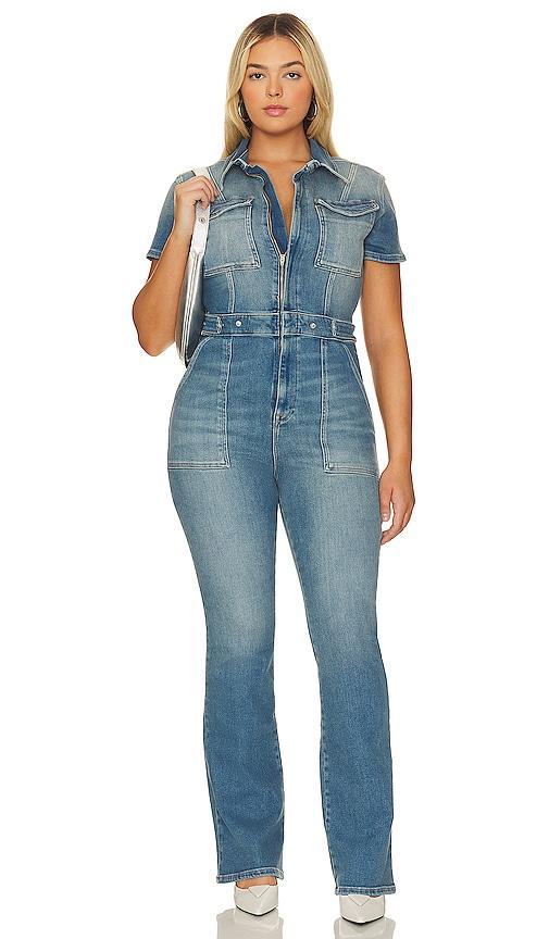 Womens Fit For Success Bootcut Denim Jumpsuit | , | Hidden Front Zipper Closure, Breast Pockets | Good American by Product Image