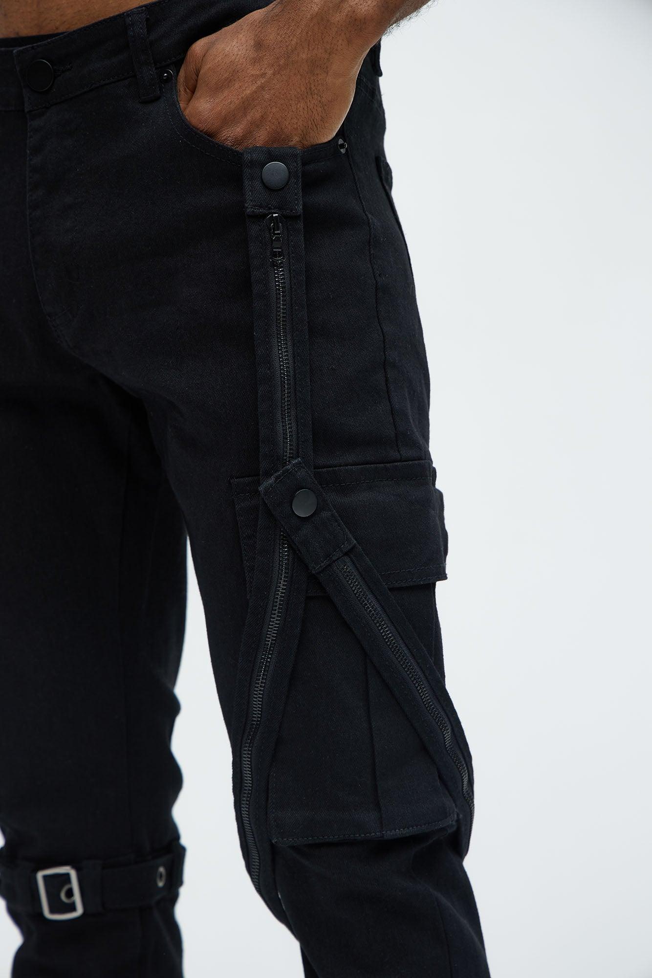 Buckle And Strap Stacked Skinny Jeans - Black Product Image