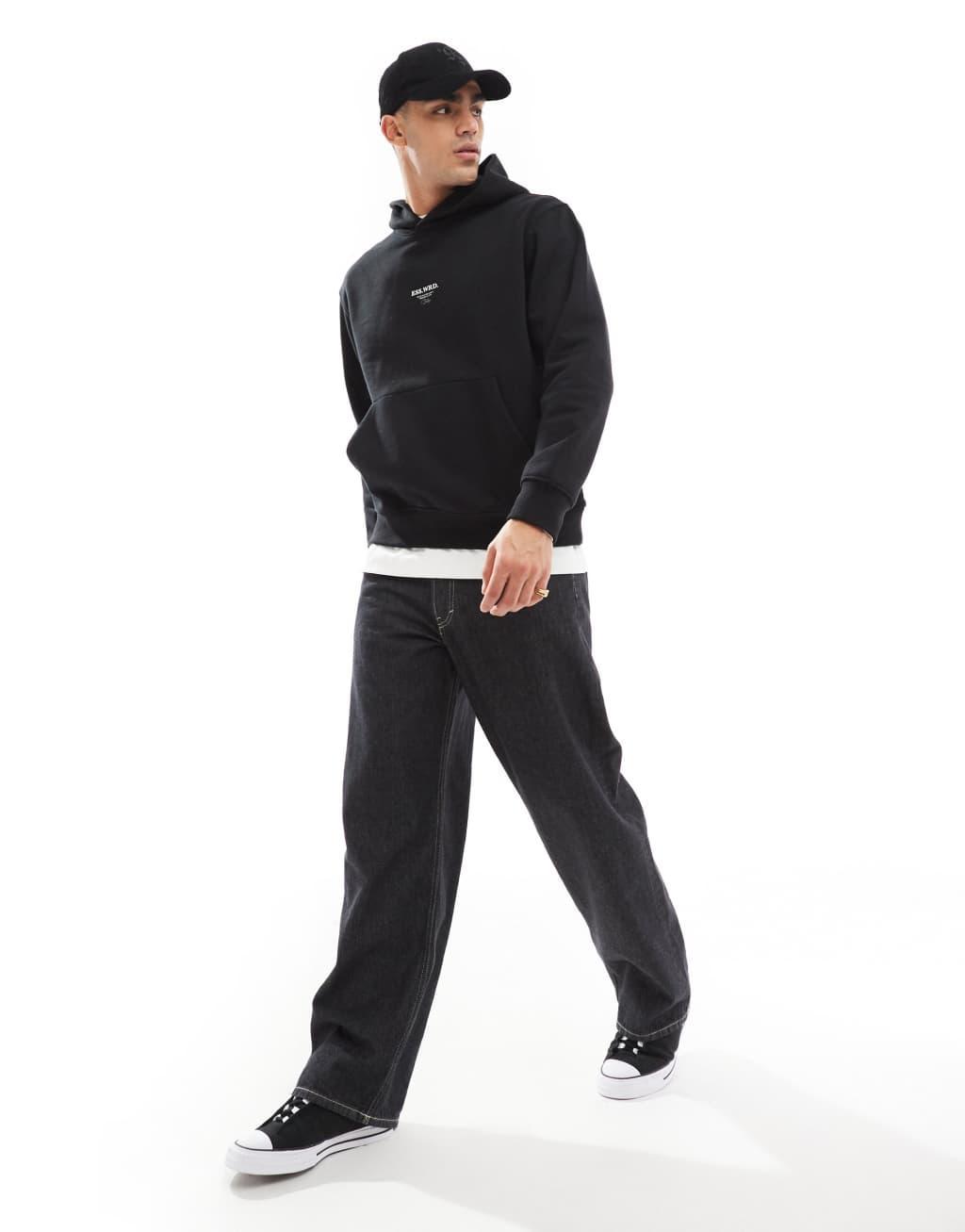 Jack & Jones super oversized 400gsm heavyweight hoodie with studio back print in black Product Image