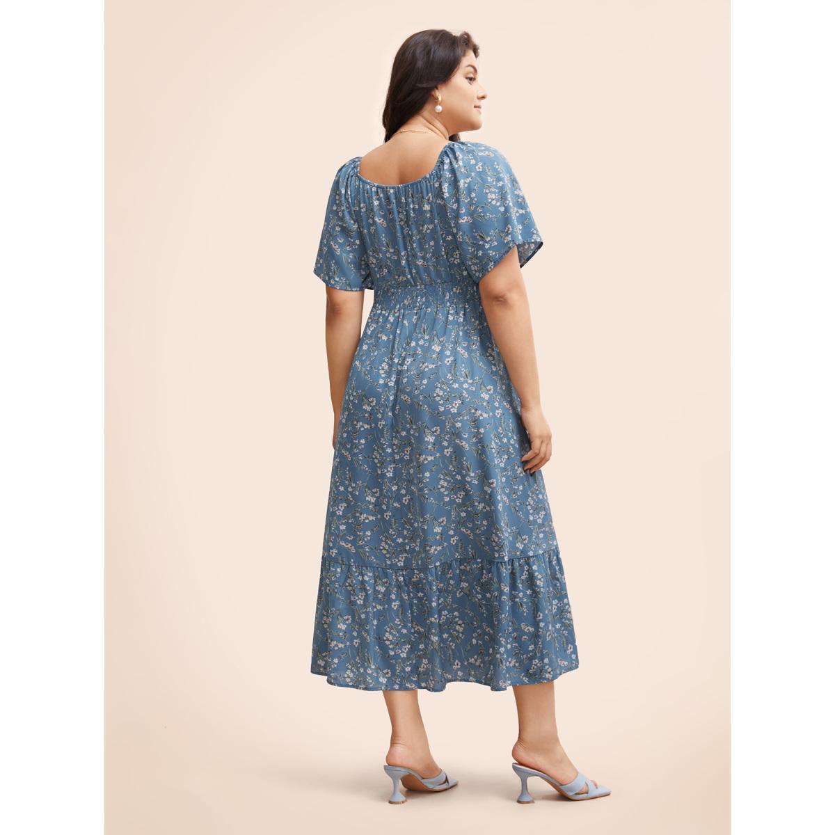 Plus Size Ditsy Floral Pocket Square Neck Shirred Ruffles Dress Stone Women Elegant Non Square Neck Short sleeve Curvy Midi Dress BloomChic 14-16/1X Product Image