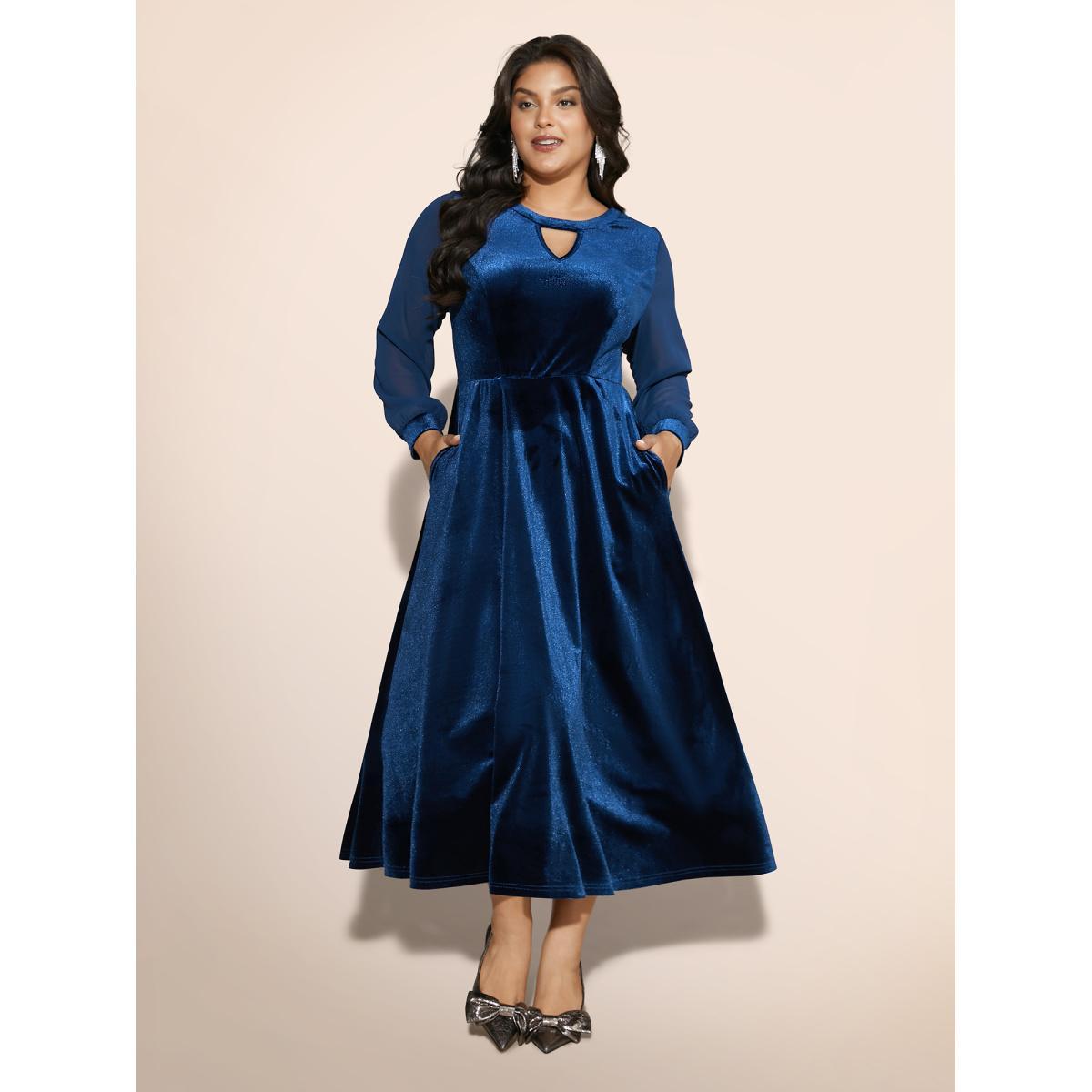 Plus Size Velvet Patchwork Chiffon Keyhole Midi Dress Indigo Women Cocktail Texture Party Curvy Bloomchic 10/M Product Image