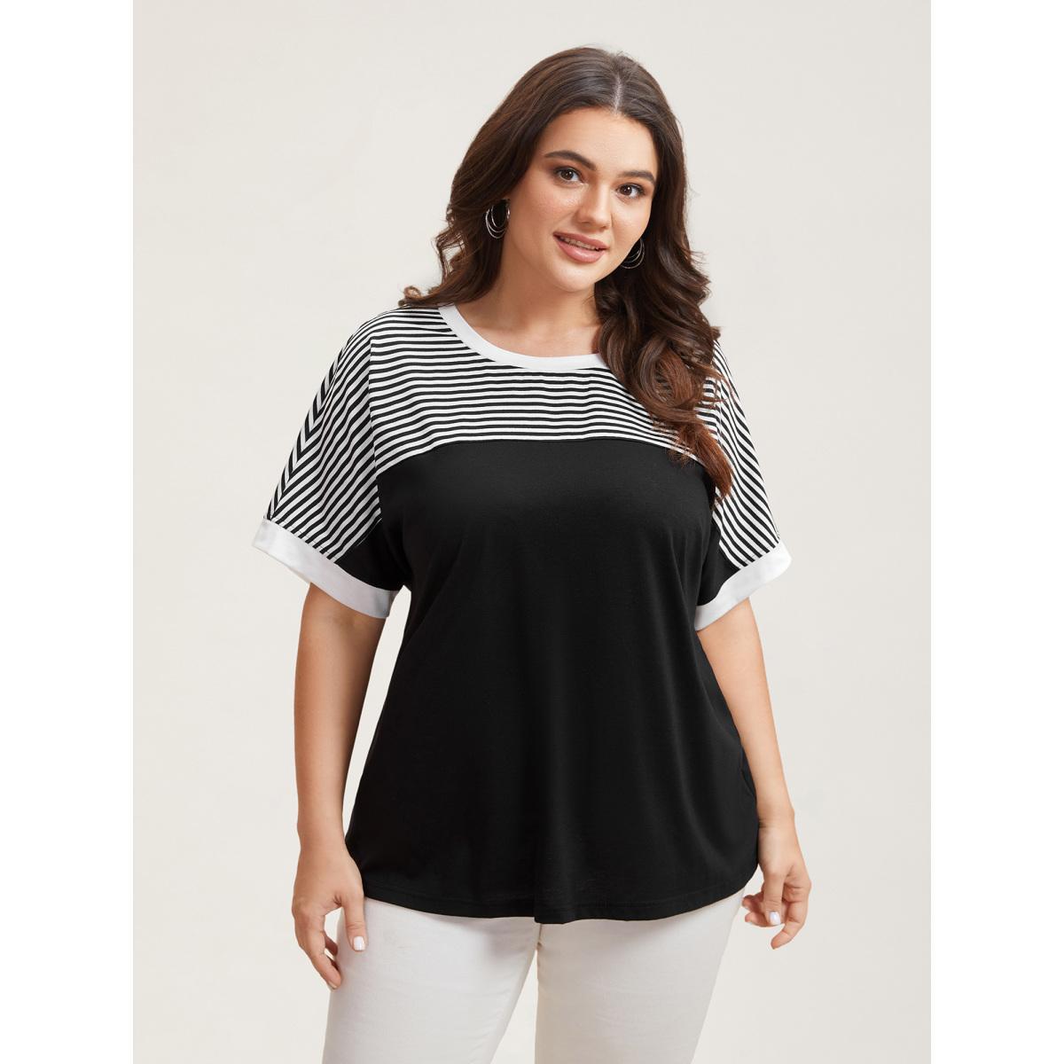 Plus Size Solid and Striped Contrast Hem T-Shirt Black Women Casual Contrast Round Neck Everyday T-shirts BloomChic 12/L Product Image