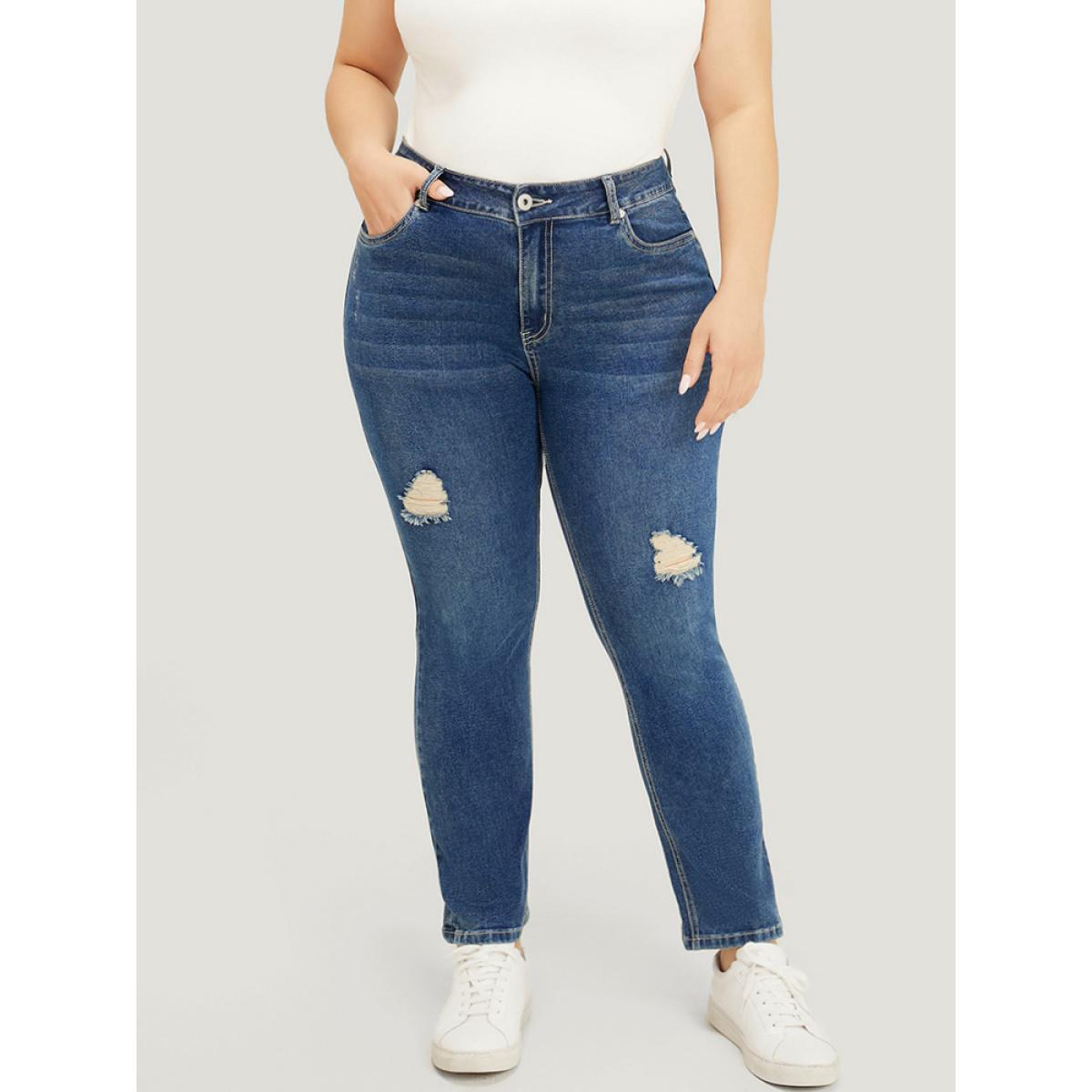 Plus Size Straight Leg Very Stretchy High Rise Medium Wash Jeans Women Indigo Casual Plain Distressed High stretch Pocket Jeans BloomChic 12/L Product Image