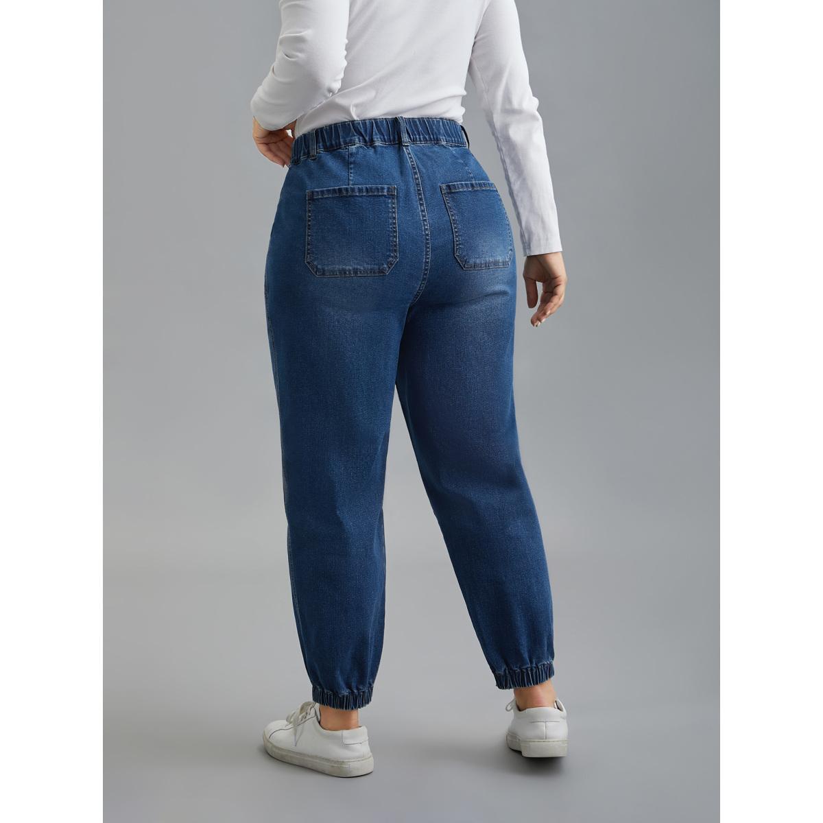 Plus Size Elastic Cuffs Adjustable Waist Straight Jeans Women Midblue Casual Button Medium stretch Slanted pocket Jeans BloomChic 18/2X Product Image