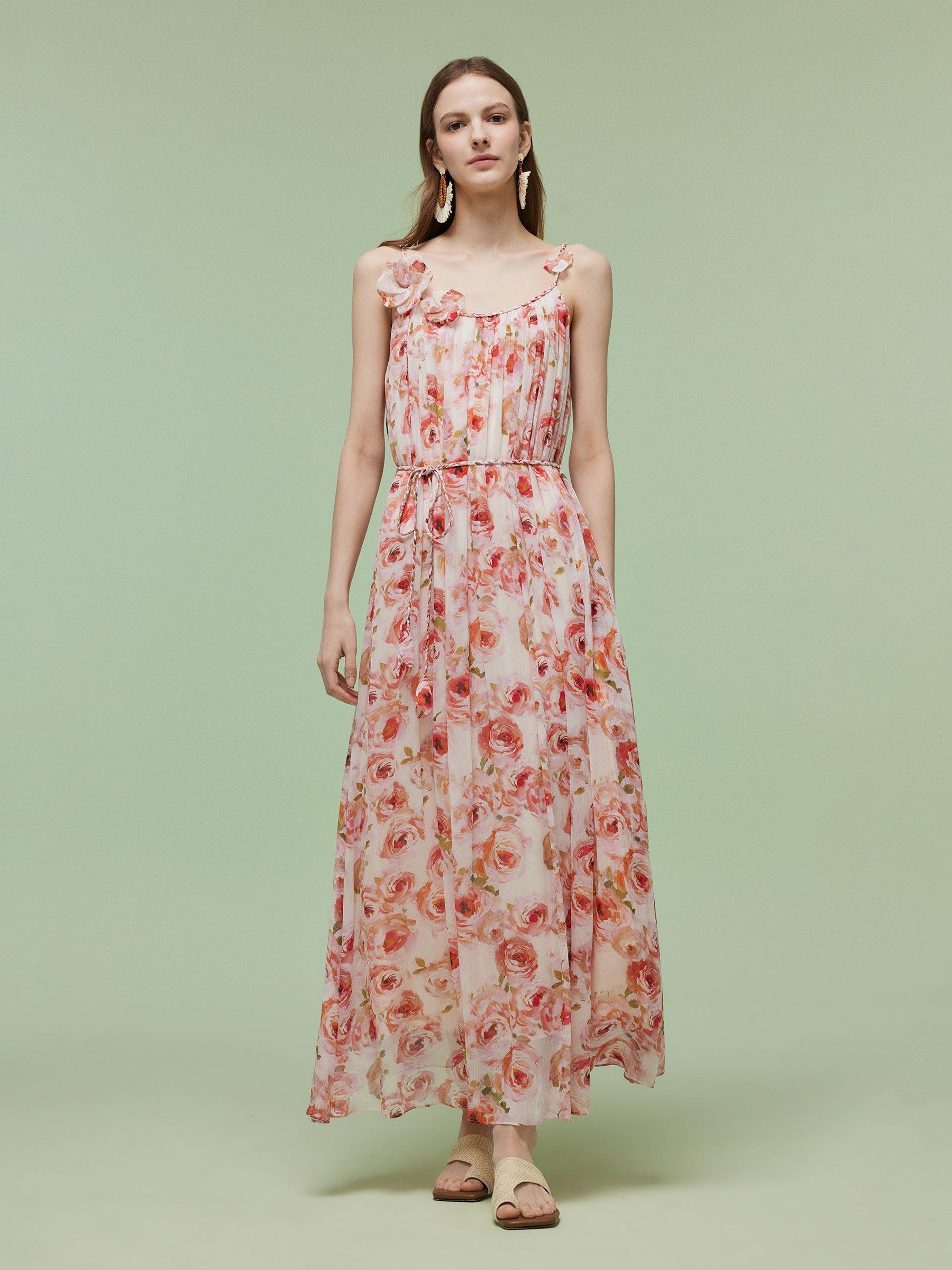 10MM Mulberry Silk Rose Print Women Strap Maxi Dress Product Image