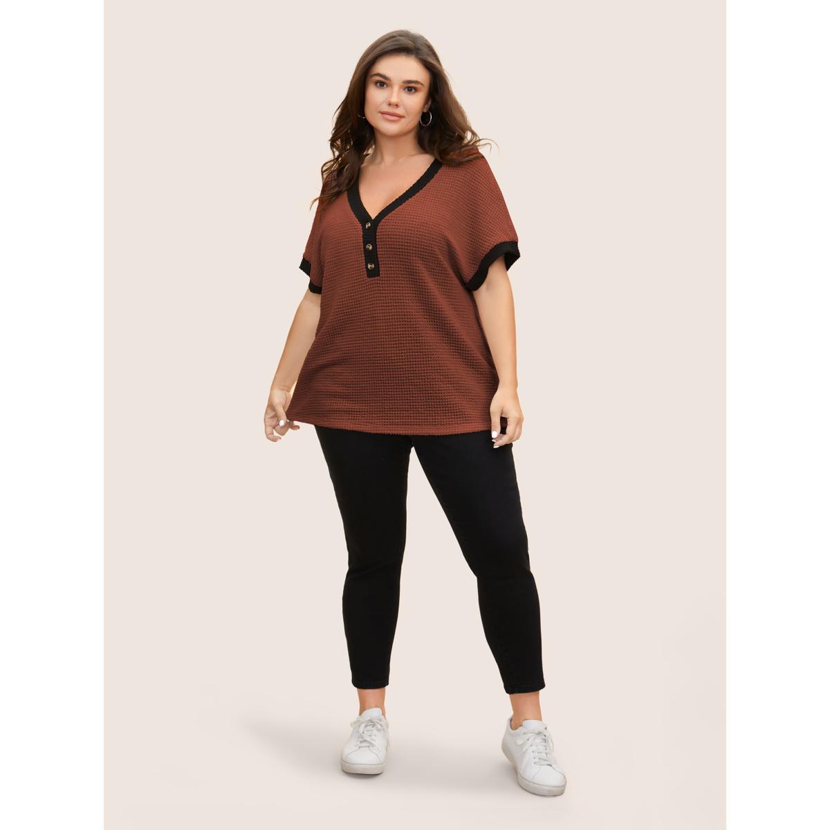 Plus Size V Neck Contrast Button Detail Knit T-shirt Rust Women Casual Texture V-neck Everyday T-shirts BloomChic 14-16/1X Product Image