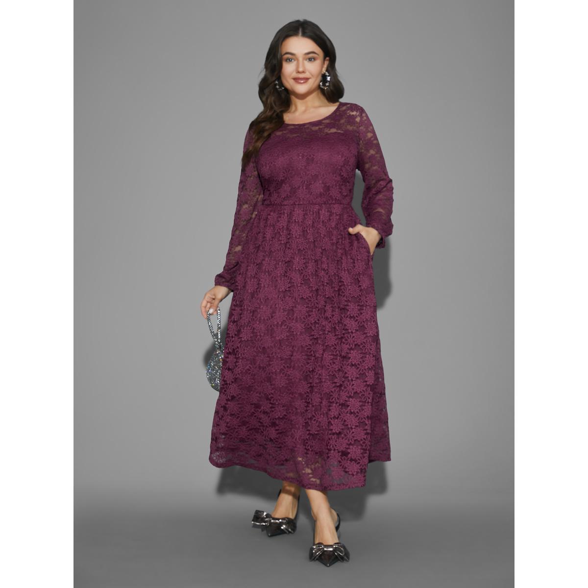 Plus Size Crochet Lace Mesh Pocket Knit Dress Deeppurplered Women Cocktail Woven ribbon&lace trim Knit Dresses Bloomchic 14-16/1X Product Image