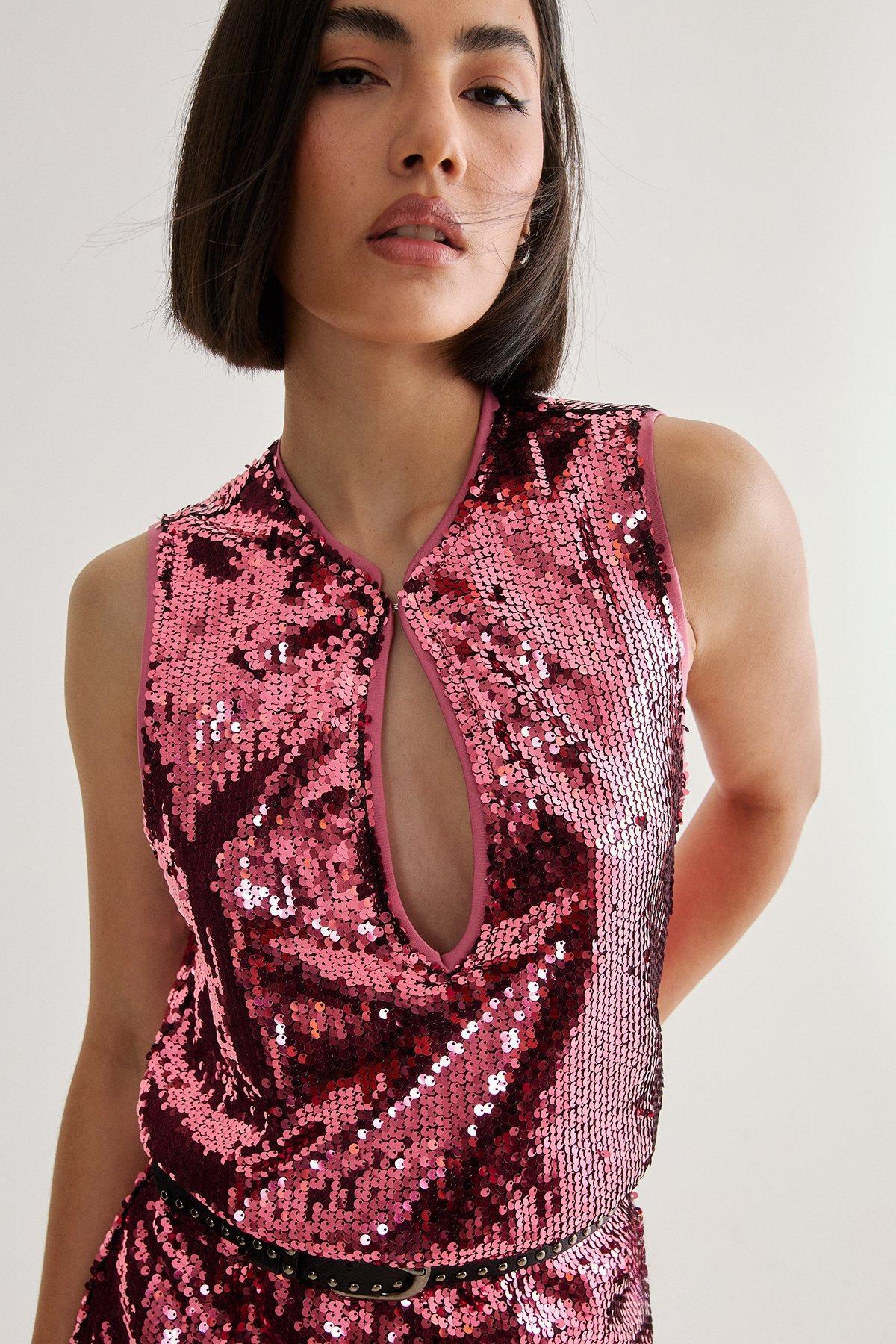 Sequin Plunge Keyhole Blouson Mini Dress Product Image