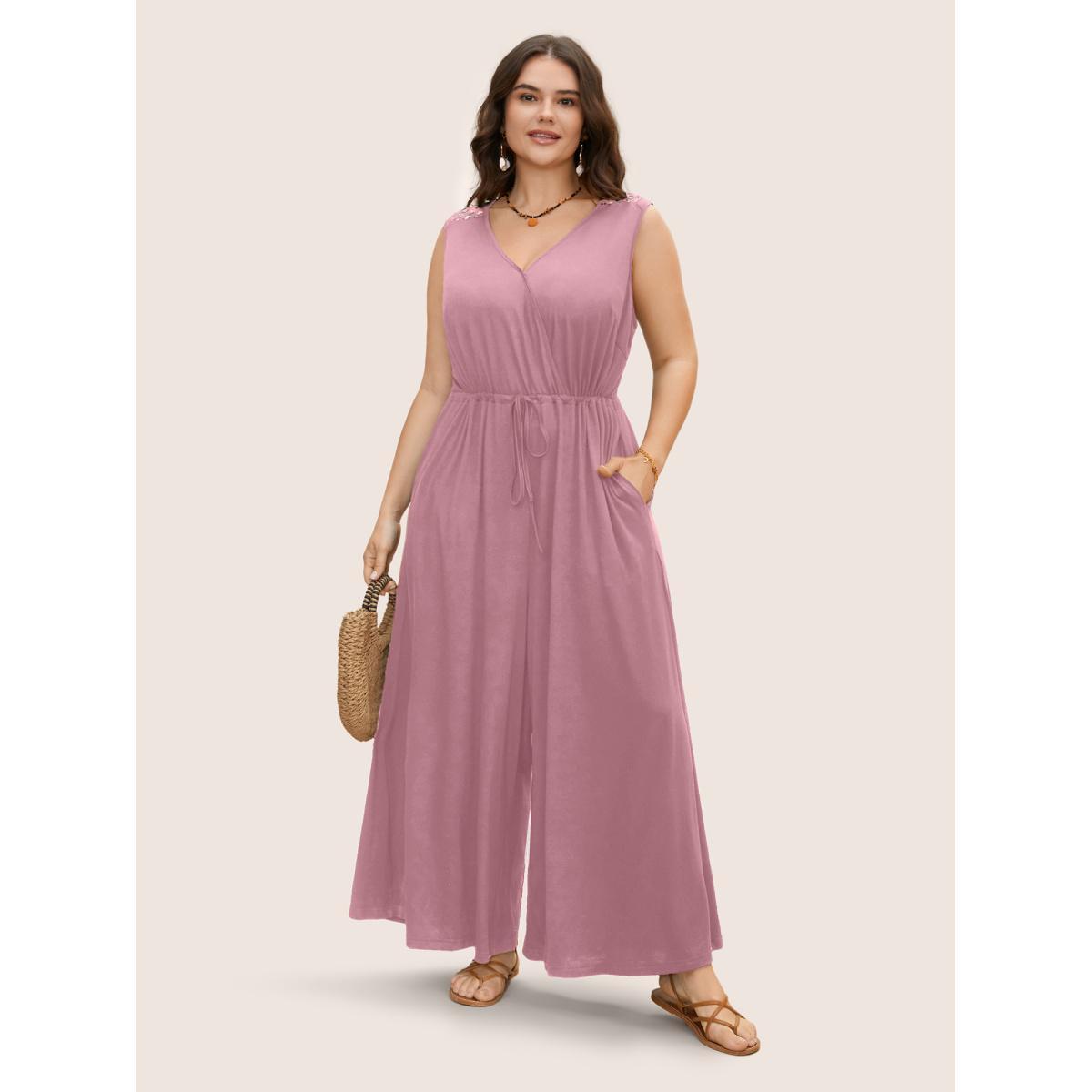 Plus Size DustyPink V Neck Crocheted Cut Out Jumpsuit Women Resort Sleeveless V-neck Vacation Loose Jumpsuits BloomChic 30/6X Product Image