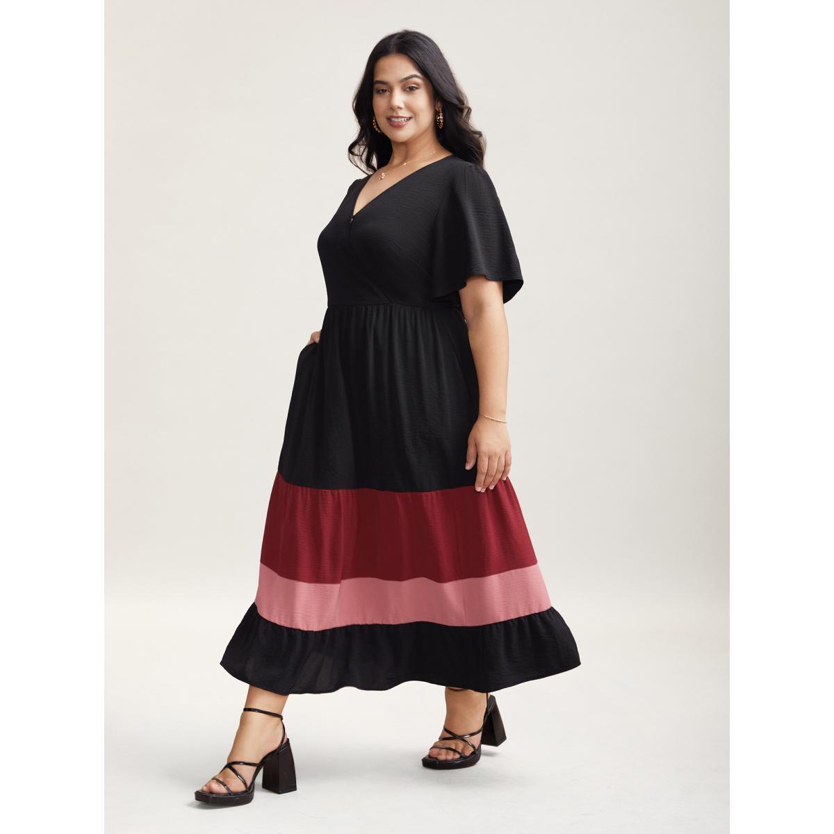 Plus Size Color Contrast Flutter Sleeve Tiered Midi Dress Scarlet Women Elegant Gathered Overlap Collar Short sleeve Curvy BloomChic 22-24/3X Product Image