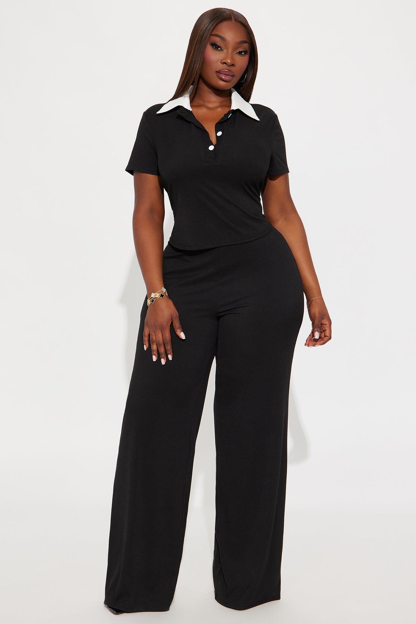 By Chance Ribbed Polo Pant Set - Black Product Image