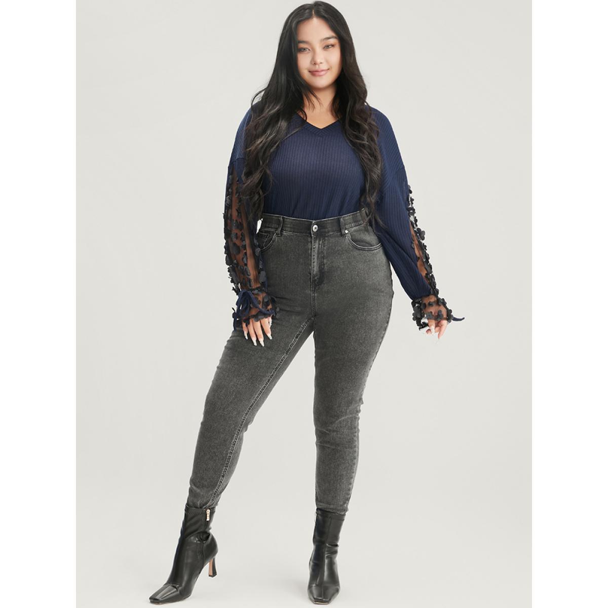 Plus Size Solid Mesh Lantern Sleeve V Neck Rib Knit Sweatshirt Women Indigo Elegant Patchwork V-neck Dailywear Sweatshirts BloomChic 26/4X Product Image