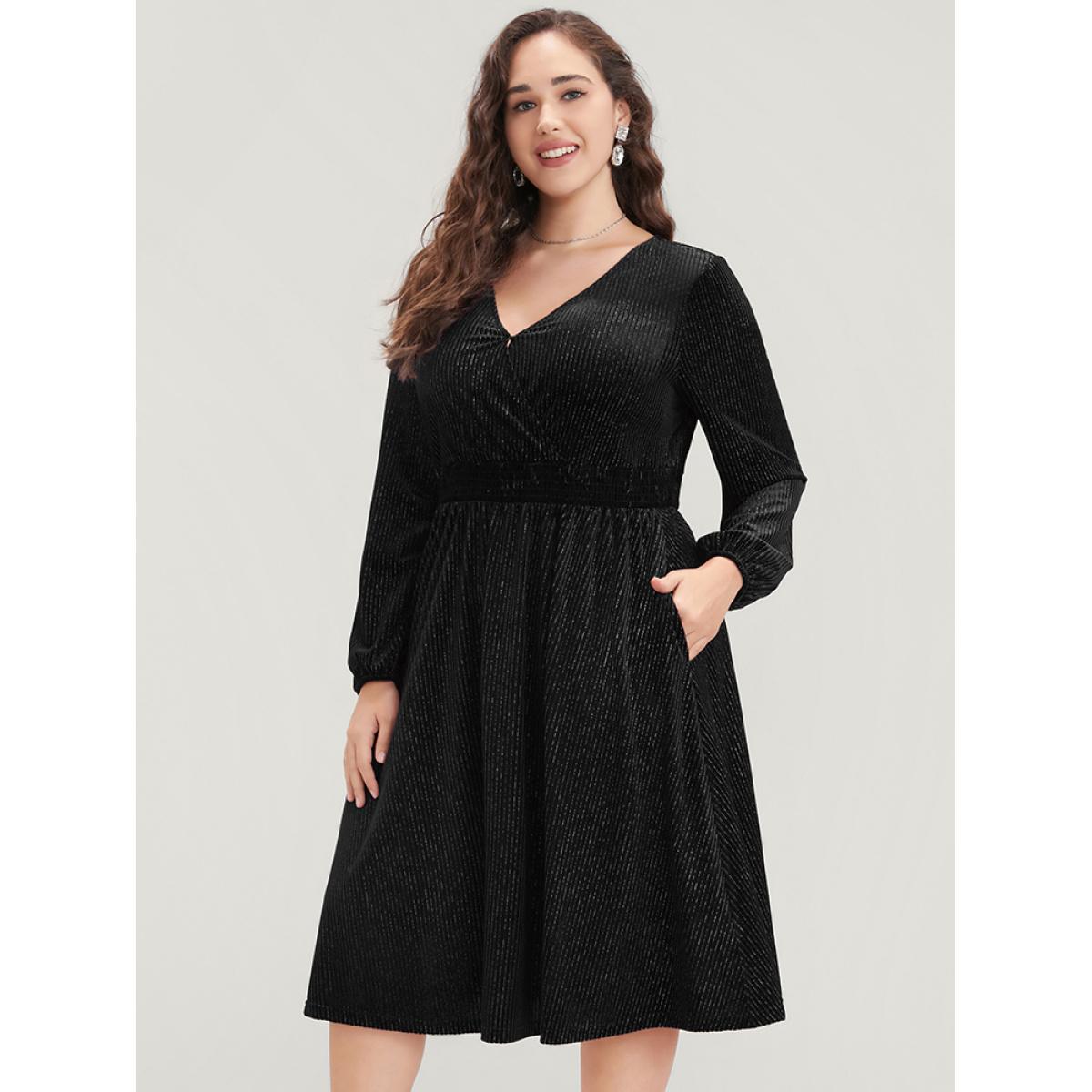 Plus Size Glitter Lantern Sleeve Surplice Neck Shirred Dress Black Women Party Plain V-neck Long Sleeve Curvy Knee Dress BloomChic 26/4X Product Image