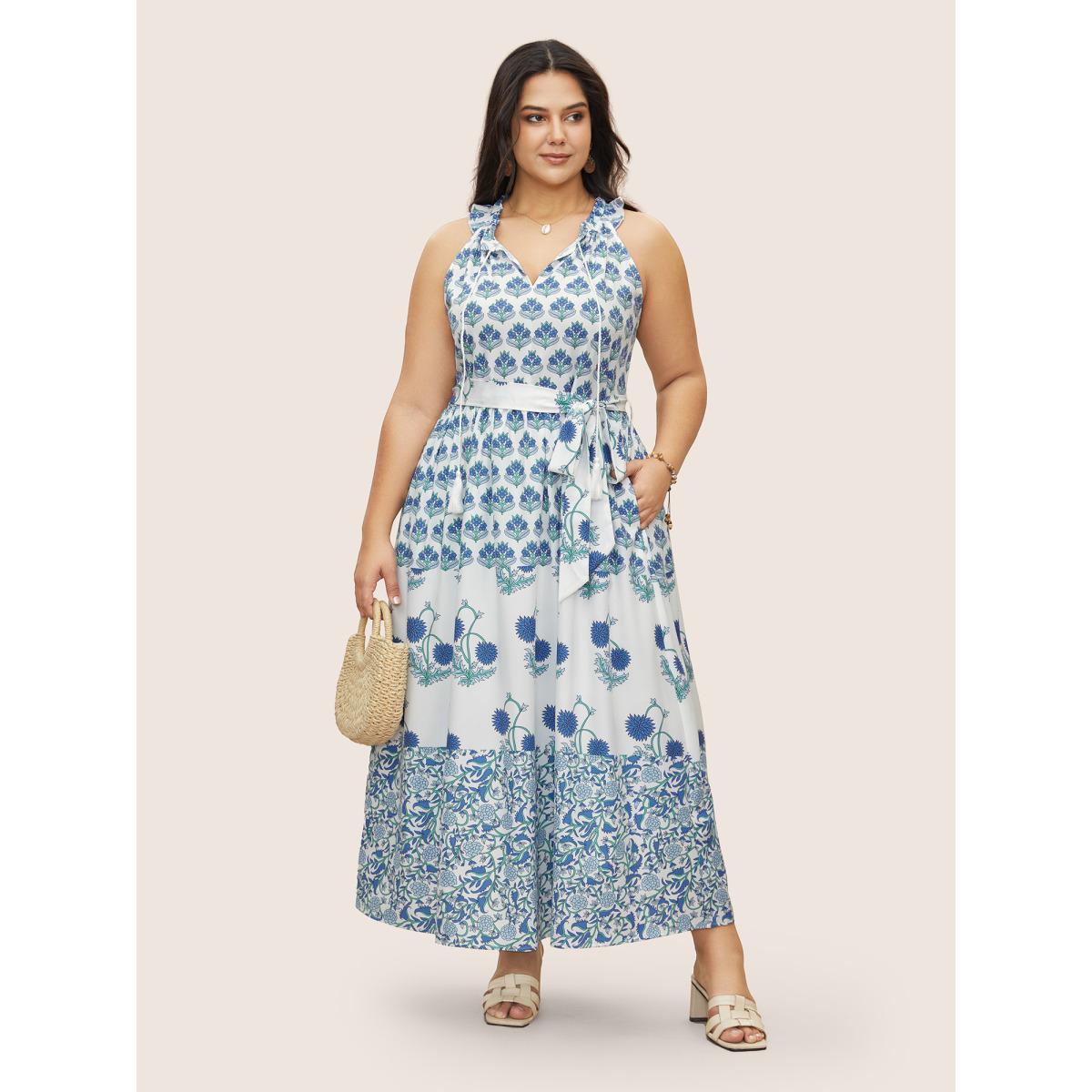 Plus Size Boho Print Notched Collar Tassel Sleeveless Dress Blue Women Resort Tie knot Notched collar Sleeveless Curvy Midi Dress BloomChic 10/M Product Image