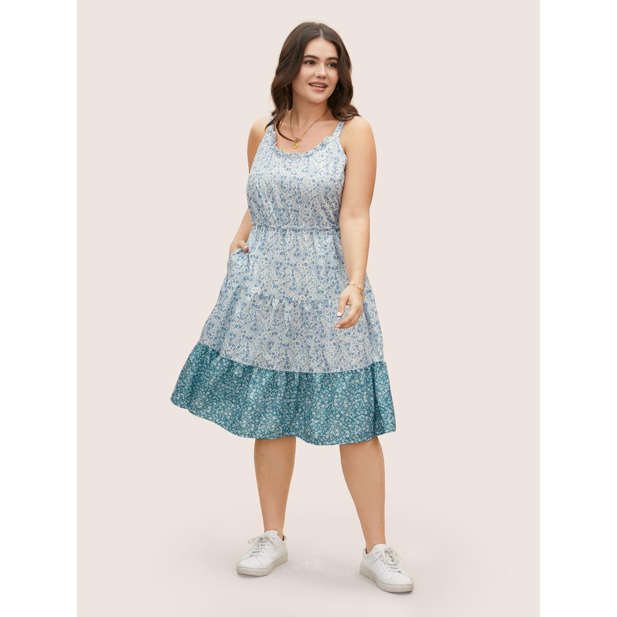 Plus Size Ditsy Floral Patchwork Frill Trim Dress LightBlue Women Casual Boat Neck Sleeveless Curvy BloomChic 22-24/3X Product Image