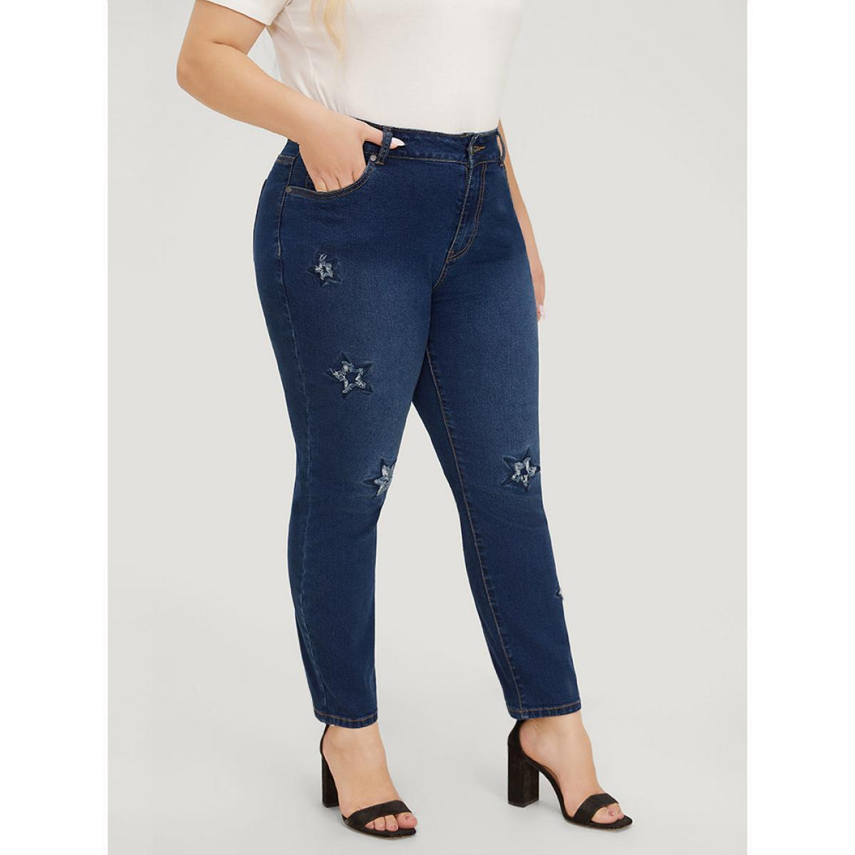 Plus Size Very Stretchy High Rise Medium Wash Star Embroidery Jeans Women Blue Casual Star and moon Embroidered High stretch Jeans BloomChic 24/3X Product Image