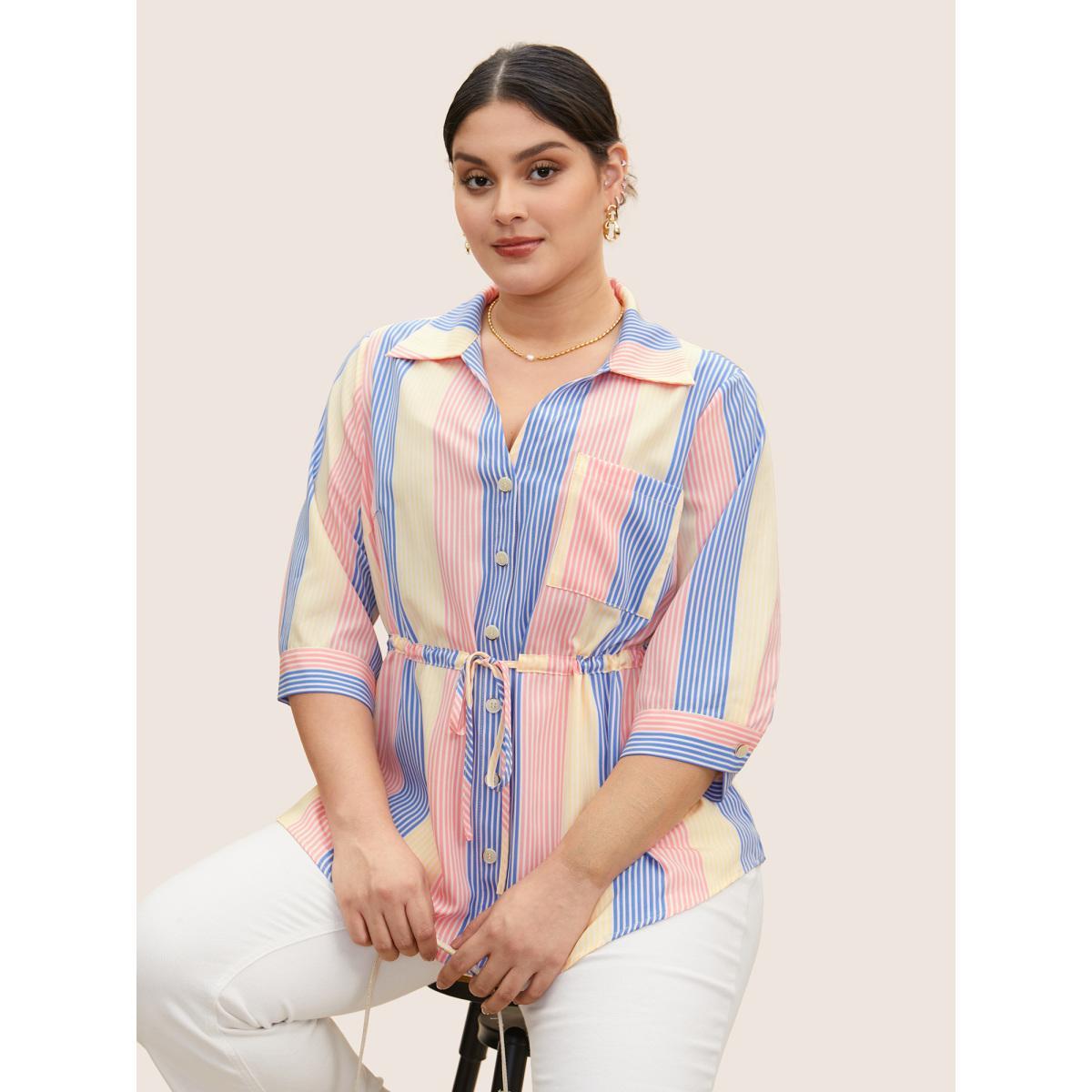Plus Size Multicolor Contrast Striped Drawstring Patched Pocket Blouse Women Casual Elbow-length sleeve Shirt collar Everyday Blouses BloomChic 14-16/1X Product Image