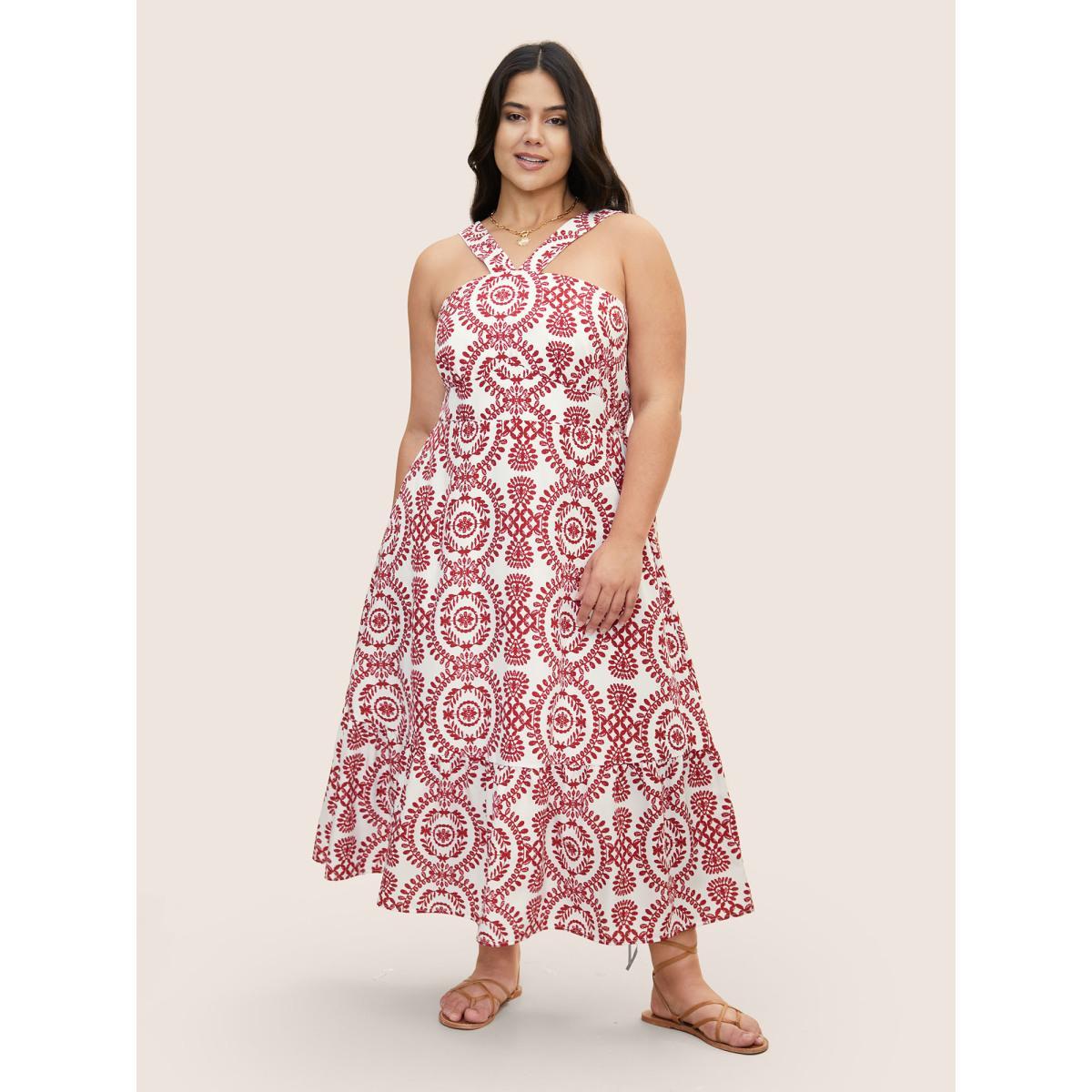 Plus Size Bandana Print Shirred Sleeveless Maxi Dress Scarlet Women Resort Non Sleeveless Curvy BloomChic 28/5X Product Image