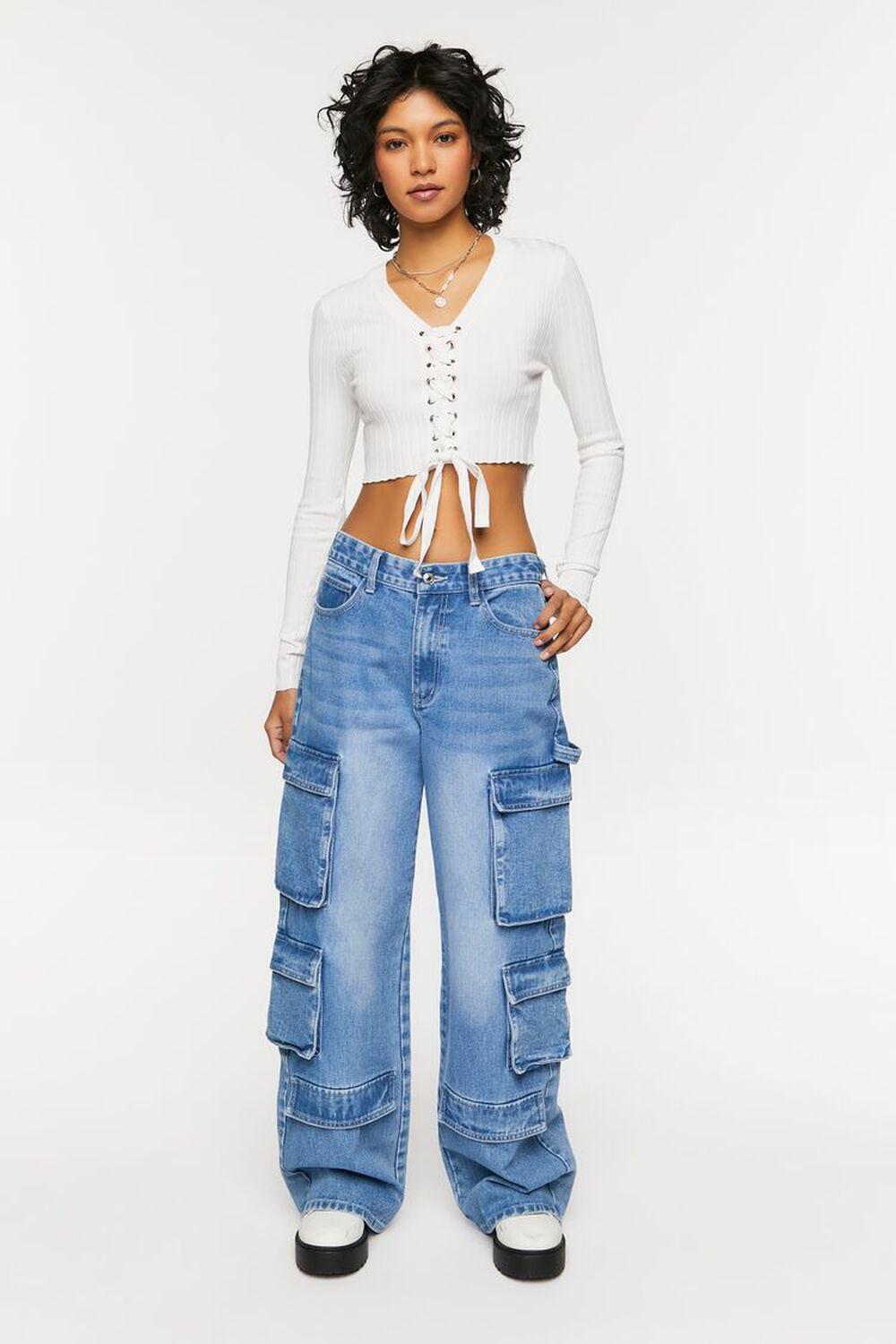 Lace-Up Long-Sleeve Sweater-Knit Crop Top | Forever 21 Product Image