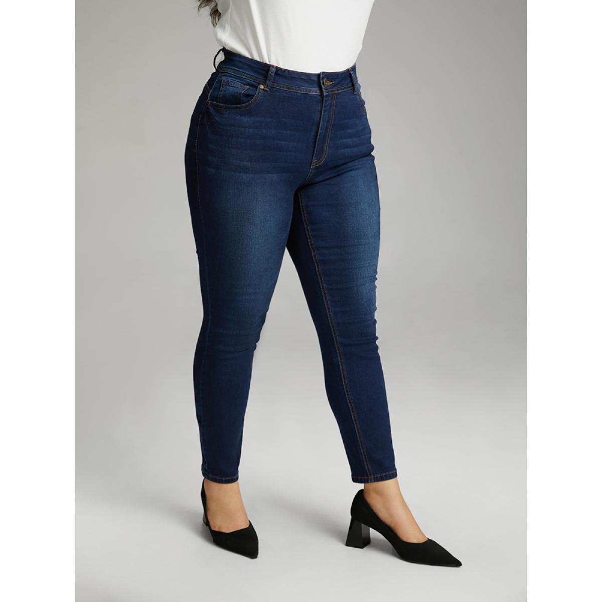 Plus Size Skinny Dark Wash Zipper Fly Jeans Women DarkBlue Casual Plain Plain High stretch Pocket Jeans BloomChic 12/L Product Image