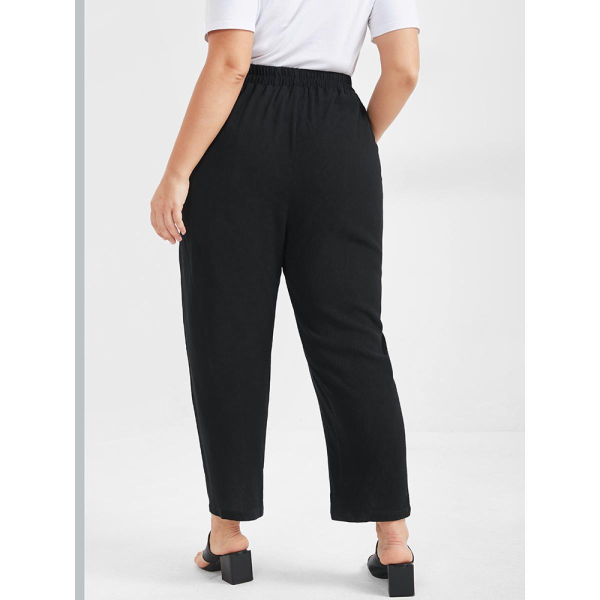 Plus Size Solid Ties Elastic Waist Pocket Pants Women Black Casual Harem High Rise Dailywear Pants BloomChic 10/M Product Image