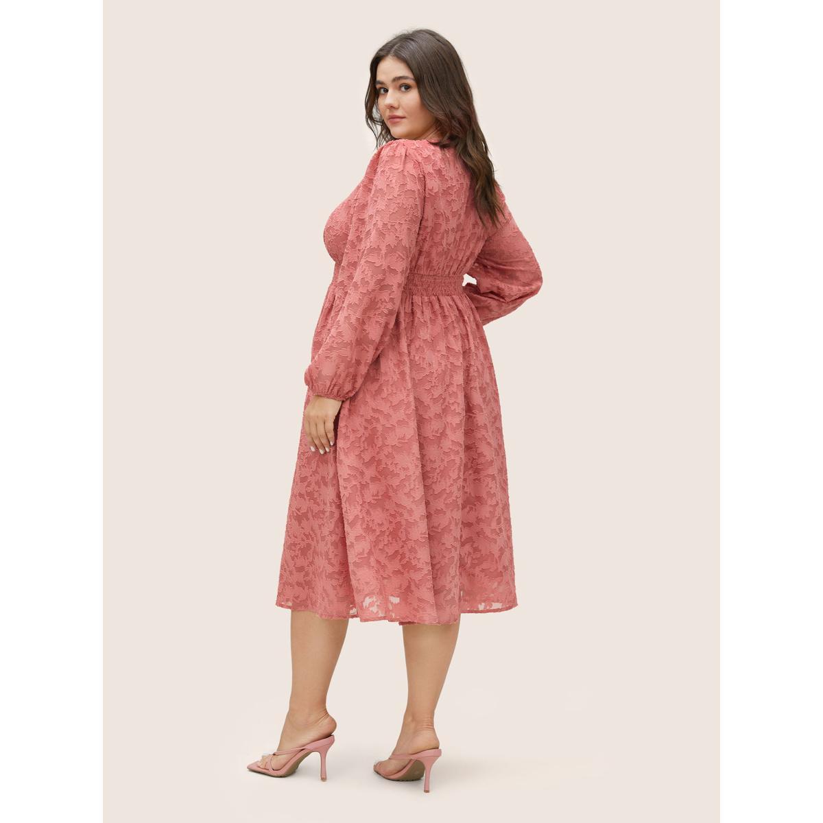 Plus Size Jacquard Texture Shirred Elastic Waist Dress Watermelon Women Elegant Elastic cuffs V-neck Long Sleeve Curvy Midi Dress BloomChic 22-24/3X Product Image