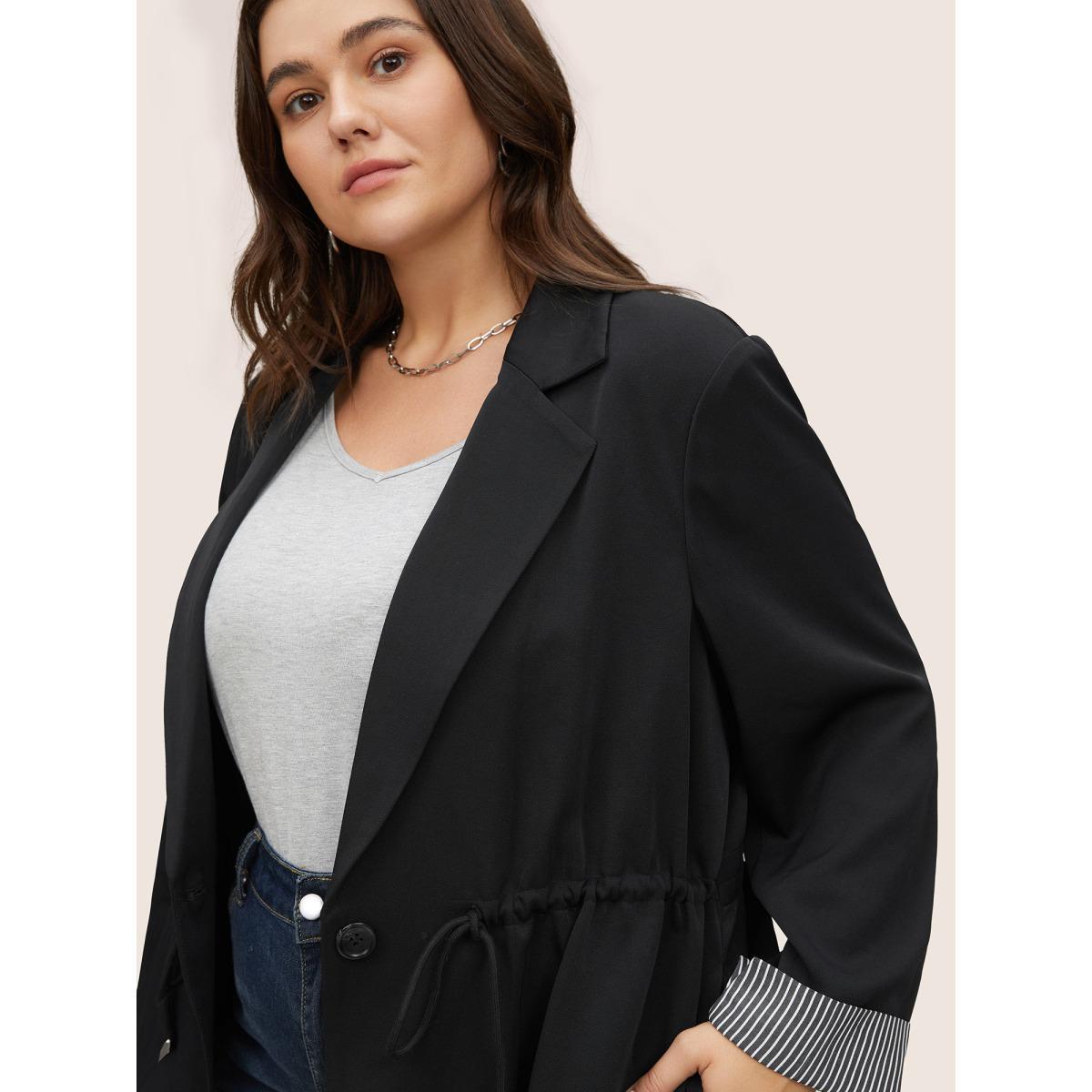 Plus Size Striped Patchwork Drawstring Suit Collar Blazer Black Women Work Striped Non Sleeve Long Sleeve Suit Collar 30/6X Slanted pocket At the Office Blazers BloomChic Product Image
