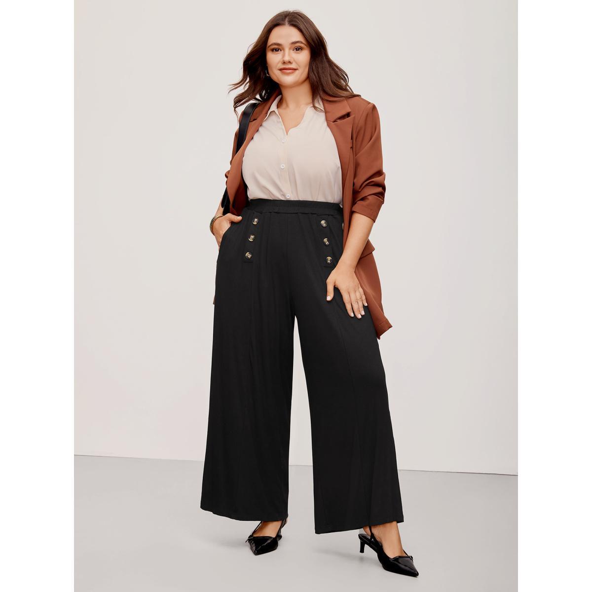 Plus Size Supersoft Essentials Button Detail Wide Leg Pants Women Black Elegant Wide Leg High Rise Everyday Pants BloomChic 10/M Product Image