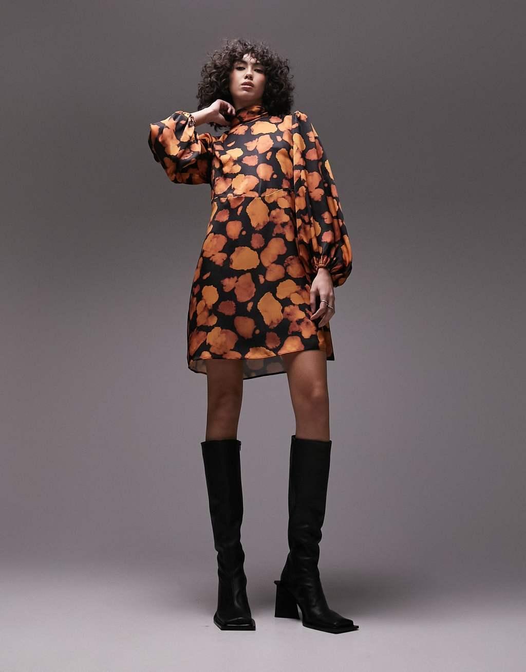 Topshop Tall bell sleeve printed mini dress Product Image