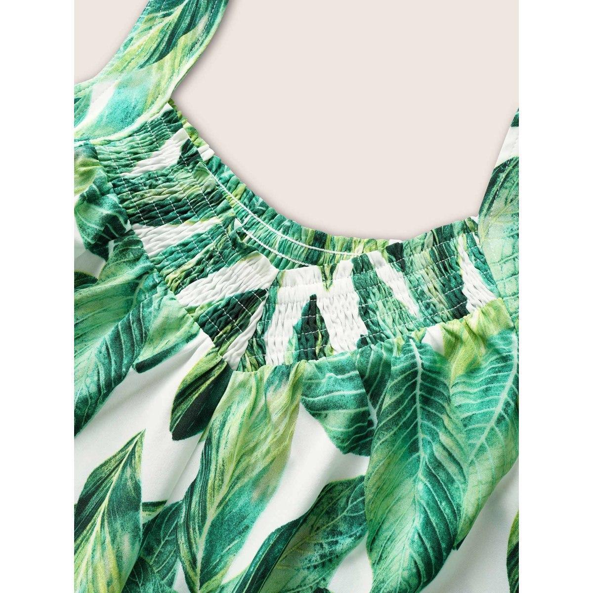 Plus Size Green Tropical Print Shirred Side Seam Pocket Jumpsuit Women Resort Sleeveless Non Vacation Loose Jumpsuits BloomChic 14-16/1X Product Image
