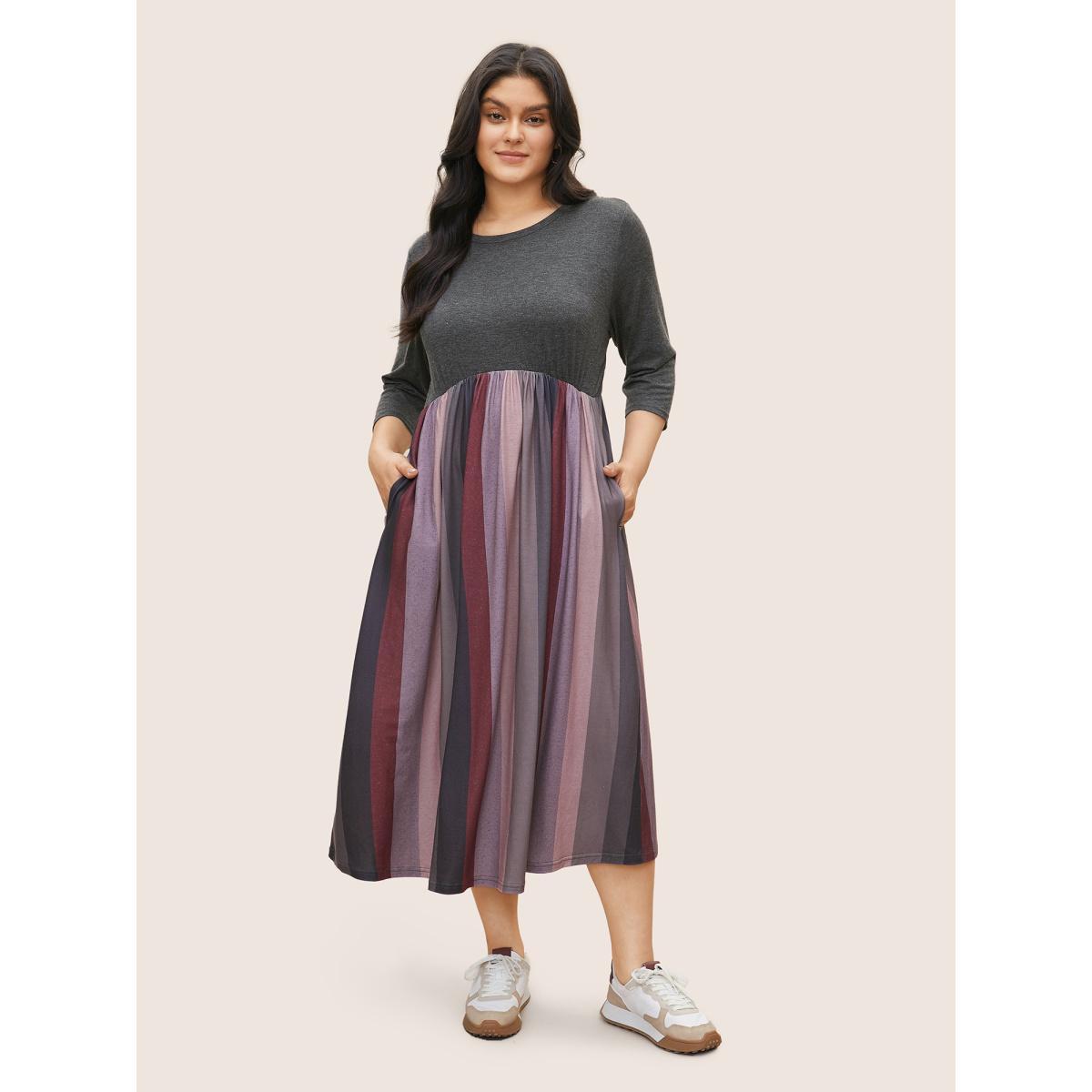 Plus Size Solid Patchwork Pocket Striped Flutter Hem Dress Burgundy Women Casual Non Round Neck Elbow-length sleeve Curvy Midi Dress BloomChic 14-16/1X Product Image