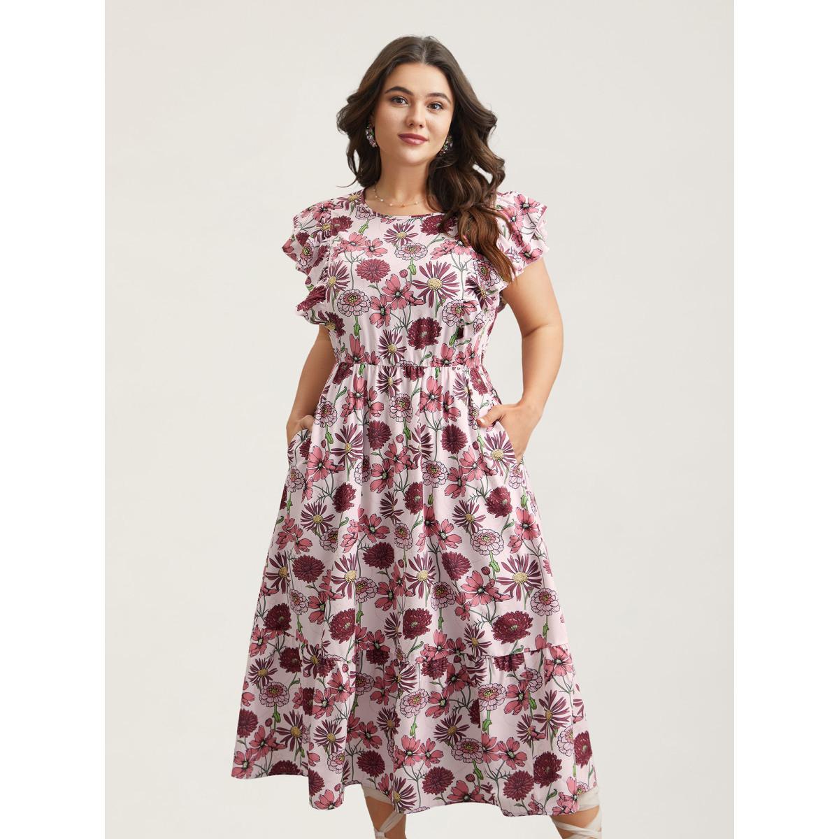 Plus Size Ruffled Floral Print Stretchy-Waist Midi Dress Multicolor Women Elegant Ruffles Round Neck Cap Sleeve Curvy BloomChic 10/M Product Image