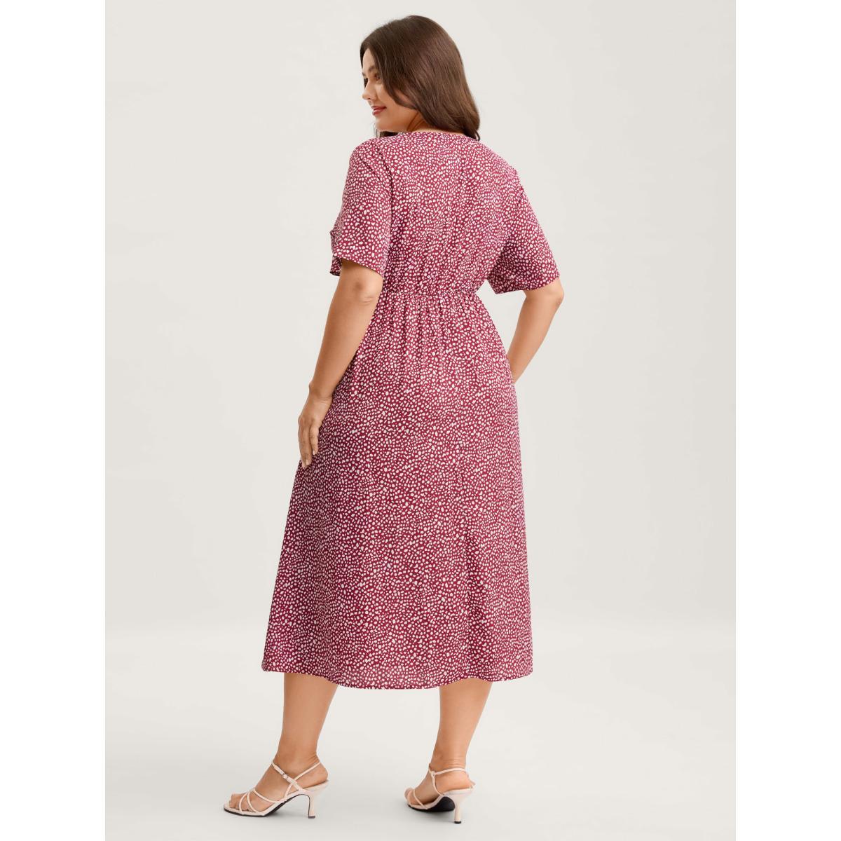 Plus Size Polka Dots Button Front Midi Dress Crimson Women Button V-neck Short sleeve Curvy BloomChic 26/4X Product Image