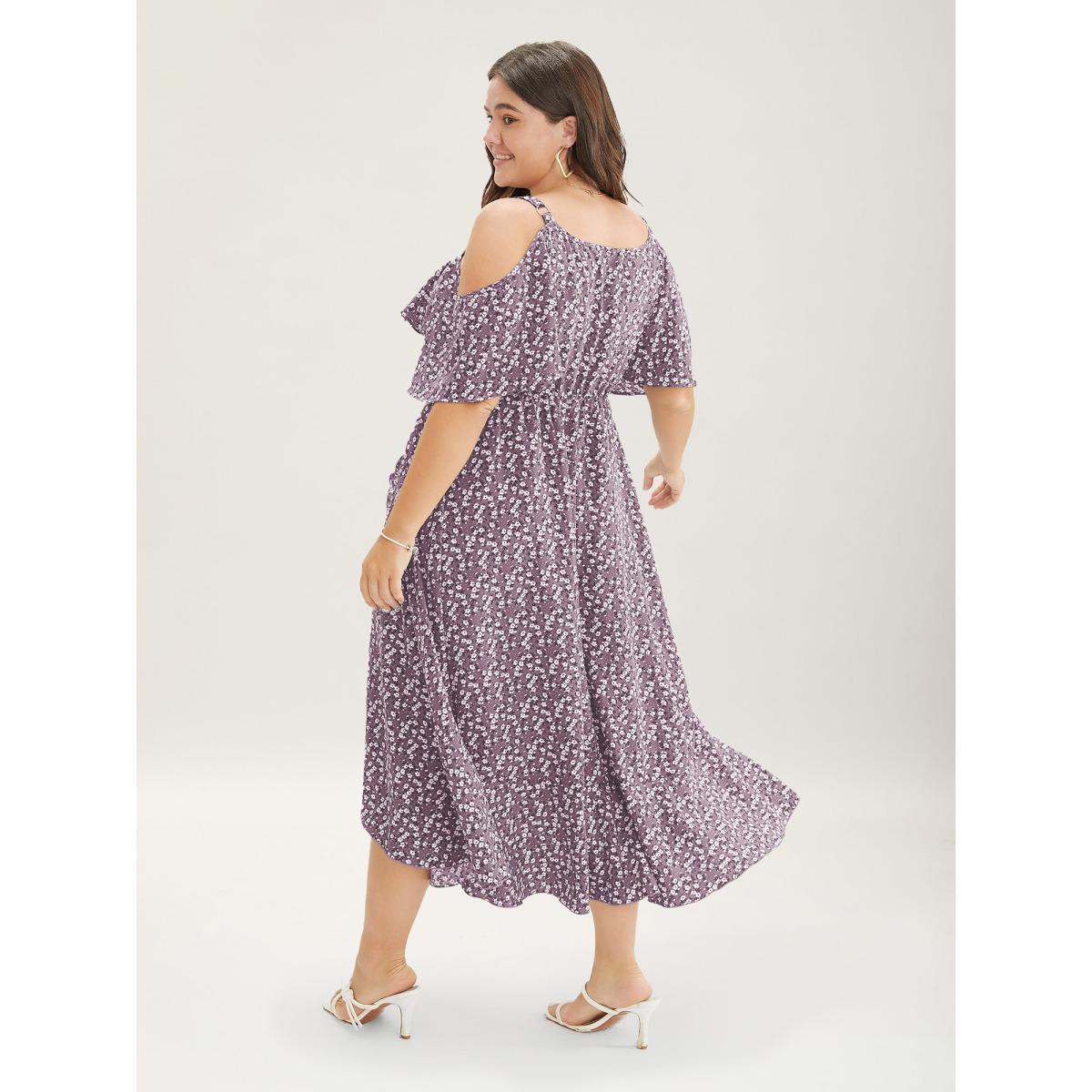 Plus Size Ditsy Floral Pocket Wrap Cold Shoulder Ruffle Dress Mauve Women Elegant Non Overlap Collar Short sleeve Curvy Midi Dress BloomChic 18-20/2X Product Image