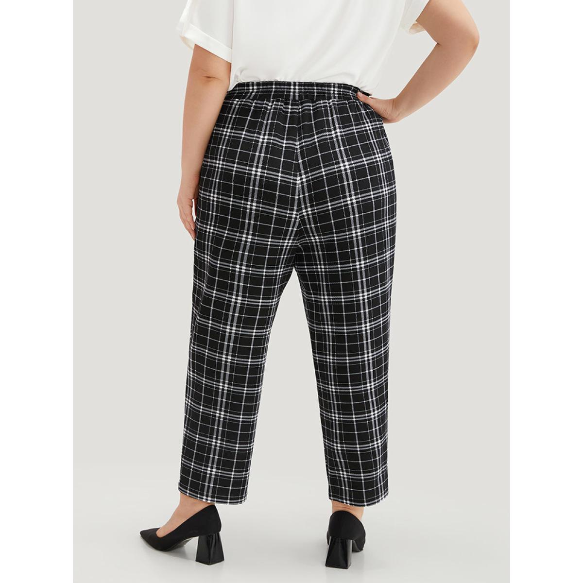 Plus Size Plaid Elastic Waist Straight Leg Pants Women Black Work From Home Straight Leg High Rise Work Pants BloomChic 26/4X Product Image