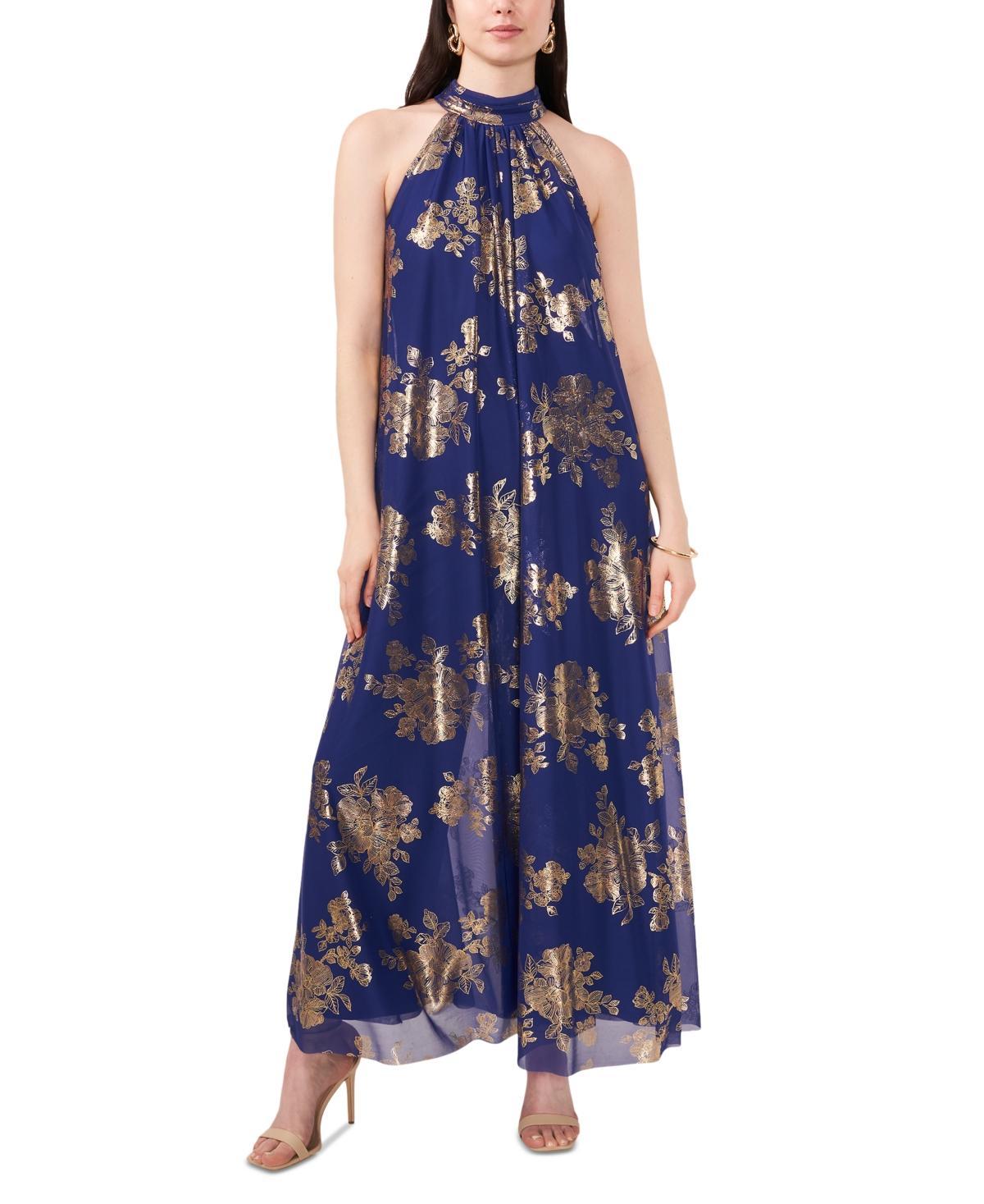 Msk Metallic Floral-Print Halter Wide-Leg Jumpsuit - Cobalt Product Image