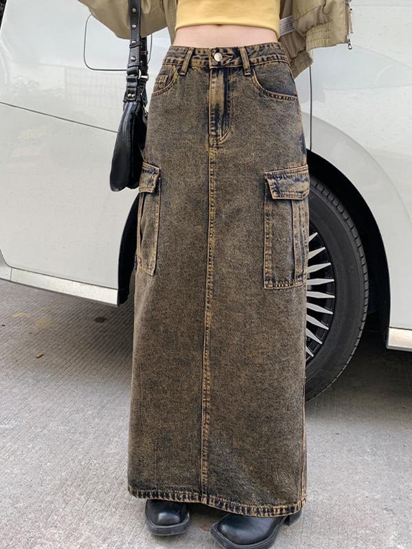Wash Distressed Big Pocket High Rise Maxi Skirt Product Image
