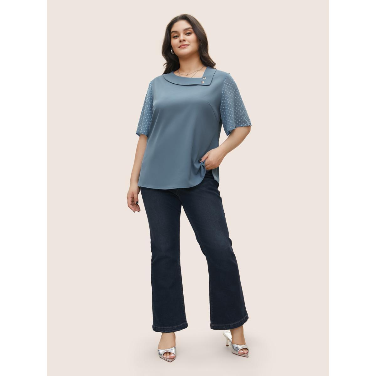 Plus Size Stone Patchwork Chiffon Asymmetrical Neck Button Detail Blouse Women At the Office Half Sleeve Asymmetrical Neck Work Blouses BloomChic 26/4X Product Image