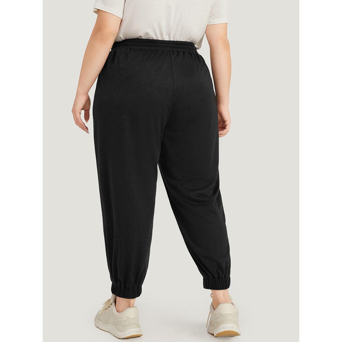 Floral Print Drawstring Elastic Waist Pocket Sweatpants Black Plus Size Women Casual Everyday Tummy control 12/L Bloomchic Product Image
