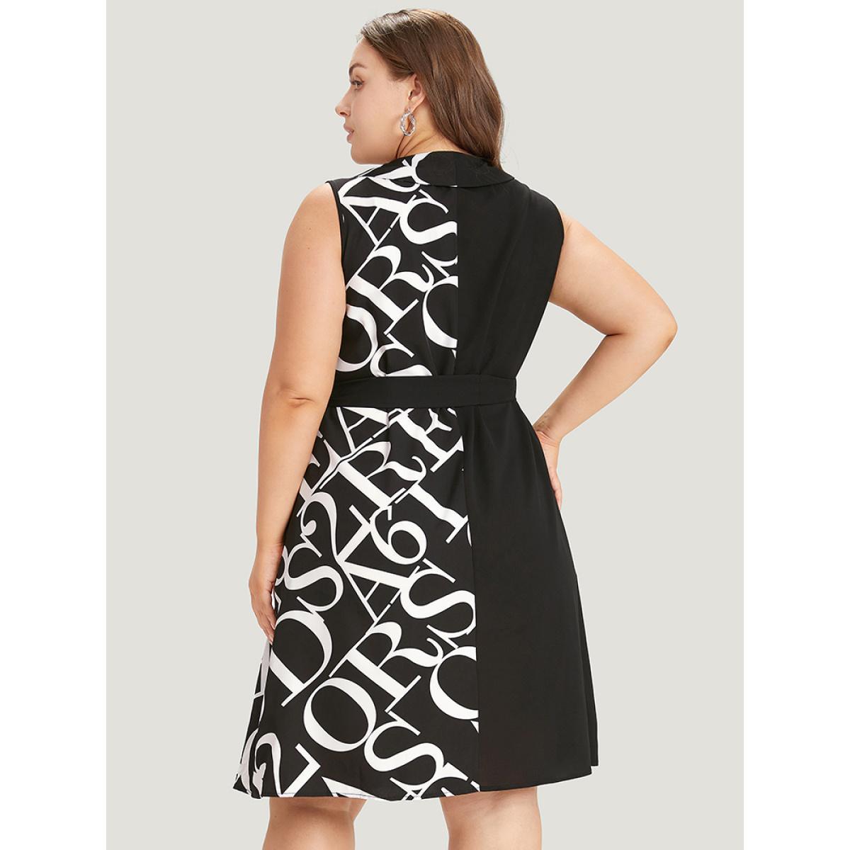 Plus Size Letter Graphic Patchwork Belted Pocket Shawl Neck Dress Black Women Office Belted V-neck Sleeveless Curvy Midi Dress BloomChic 18-20/2X Product Image
