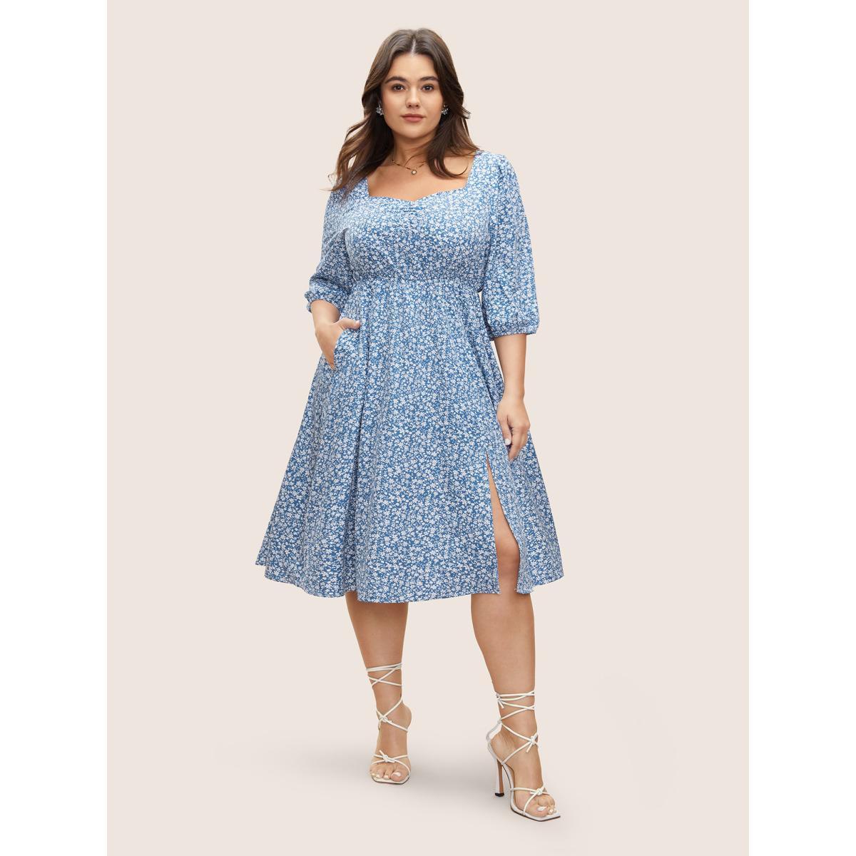 Plus Size Ditsy Floral Print Square Neck Split Hem Dress Cerulean Women Elegant Non Square Neck Elbow-length sleeve Curvy Midi Dress BloomChic 28/5X Product Image
