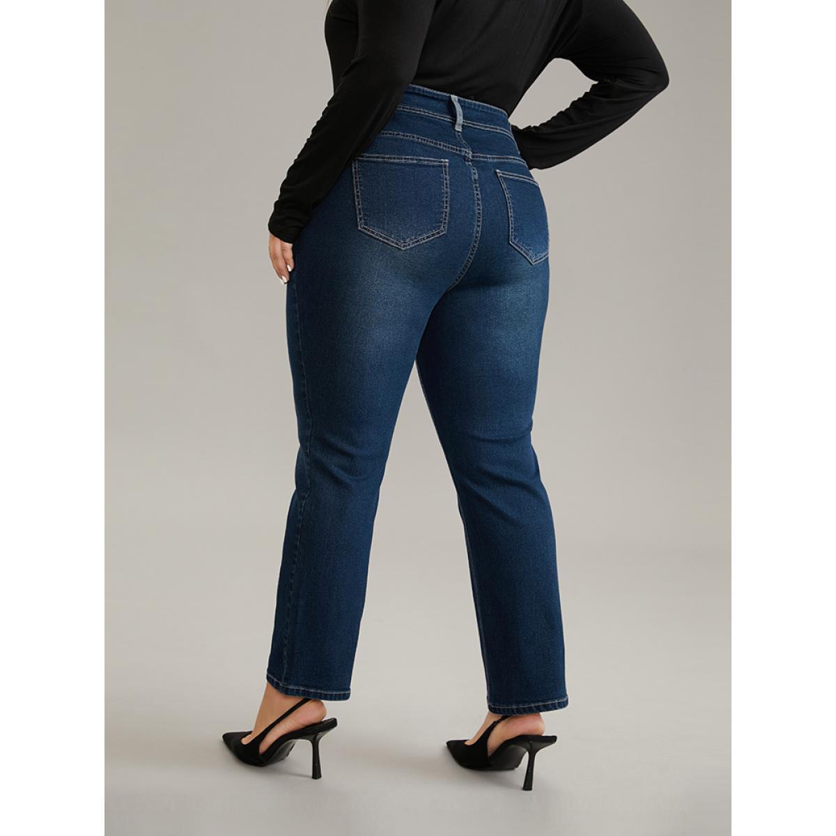 Plus Size Contrast Patchwork Dark Wash Straight Leg Jeans Women Indigo Casual Plain Contrast High stretch Pocket Jeans BloomChic 18/2X Product Image