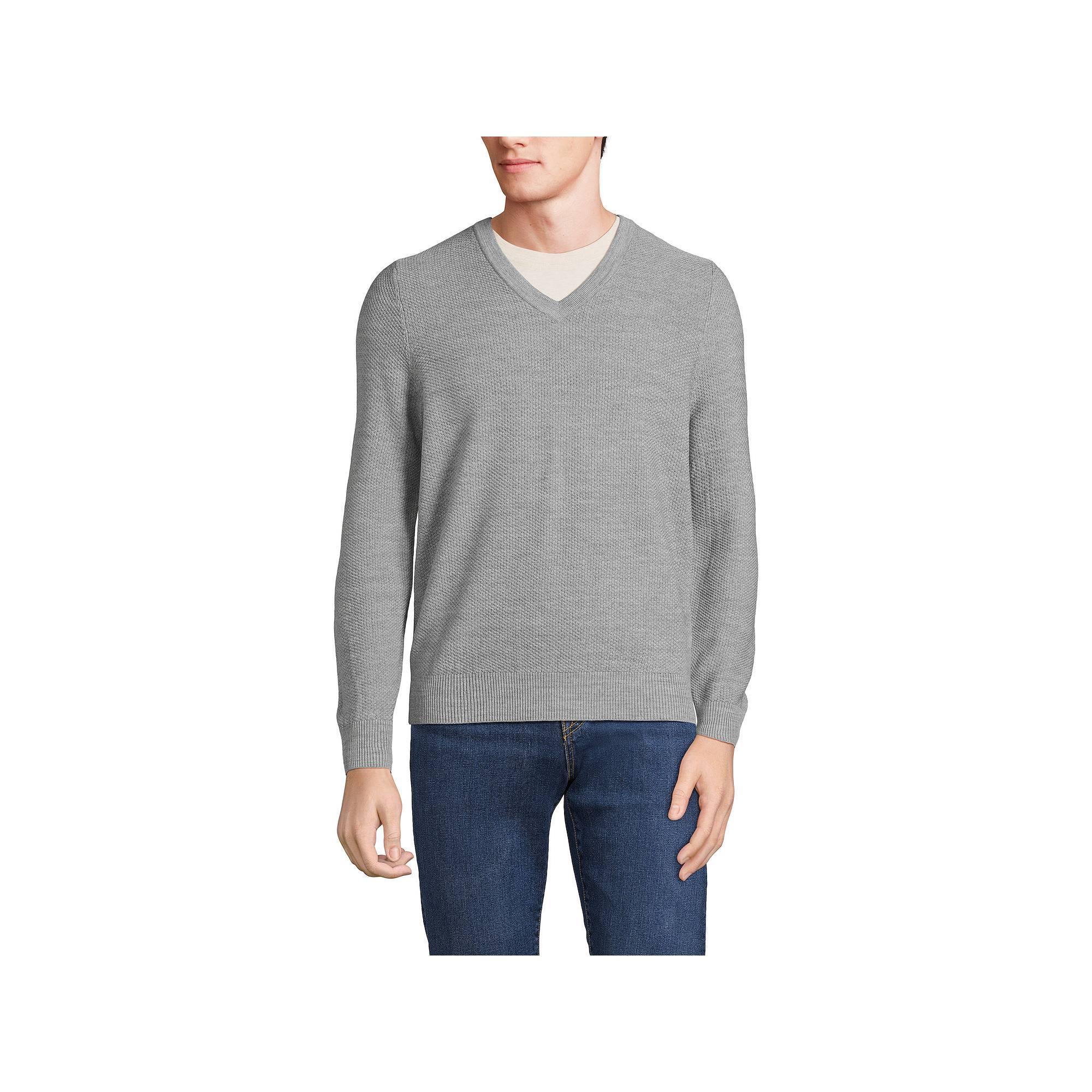 Mens Lands End Washable Merino Wool V-Neck Sweater Pewter Grey Product Image