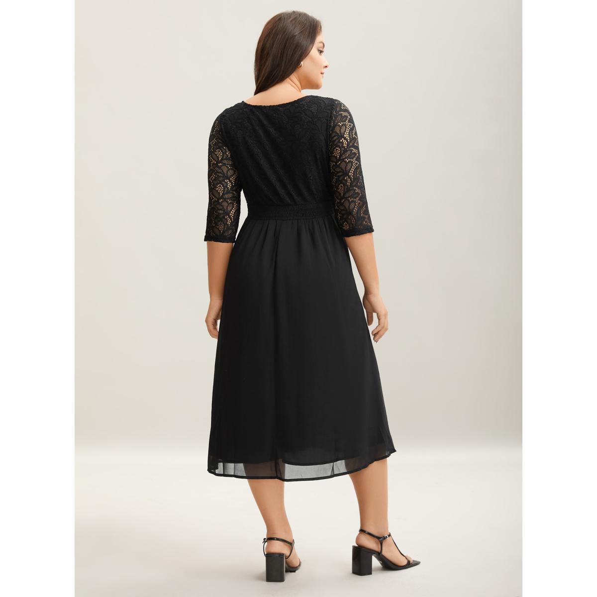 Plus Size Lace Patchwork Shirred Midi Pocket Dress Black Women Cocktail Woven ribbon&lace trim Round Neck Elbow-length sleeve Curvy BloomChic 22-24/3X Product Image